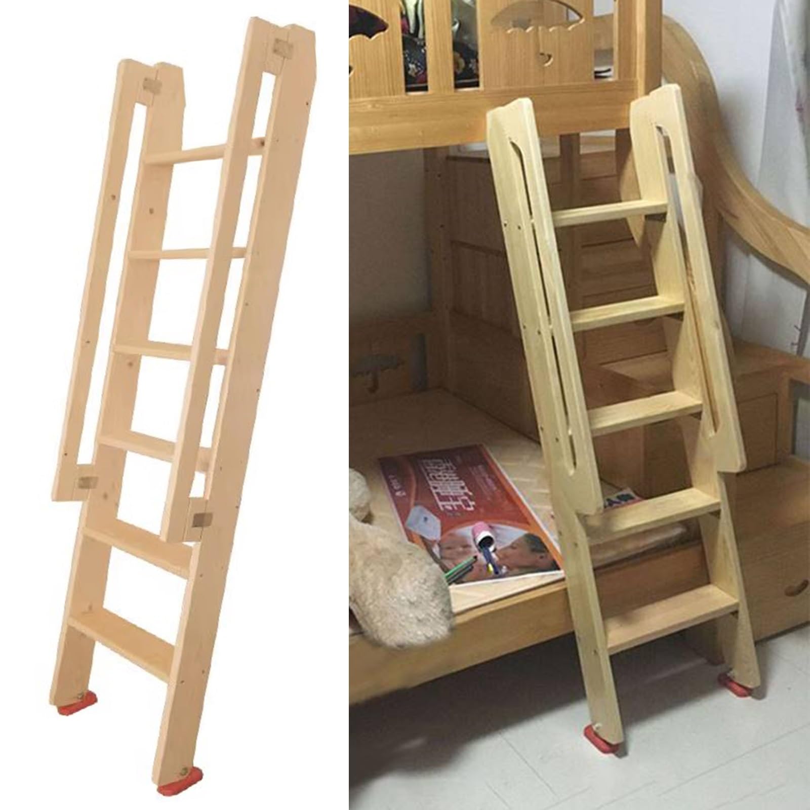 Escalera de Madera para literas Infantiles de 3, 4, 5, 6 y 7 escalones con Asas, peldaños Anchos, Ganchos y reposapiés. Escalera Extra Alta para Dormitorio Infantil, Dormitorio o autocaravan