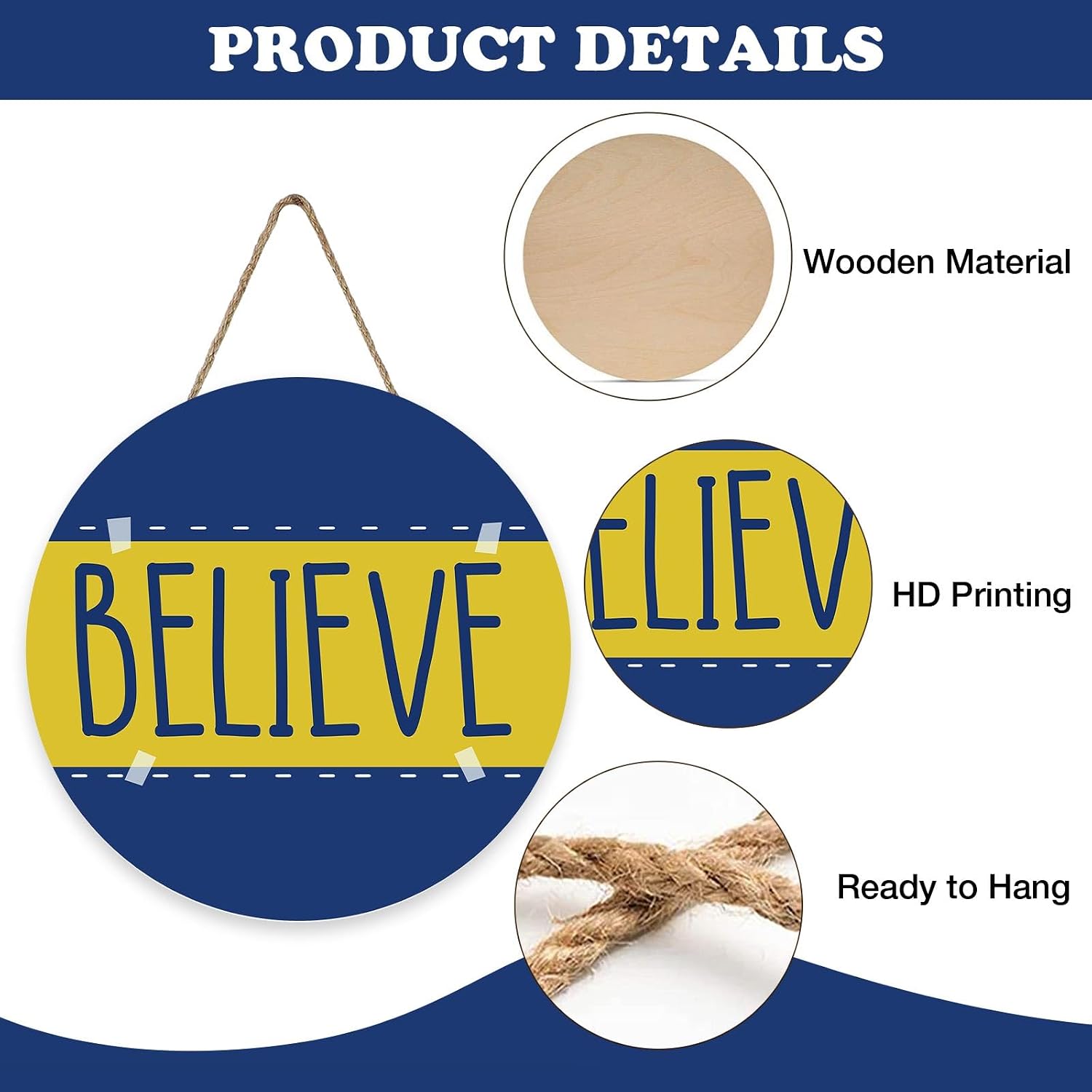 Motivational Believe Front Door Sign, Blue Yellow TV Show Wood Plaque Hanger Office Man Cave Bedroom Home Decor, Wooden Wreath Wall Hanging Decoration Gifts for Soccer Football Coach Lover