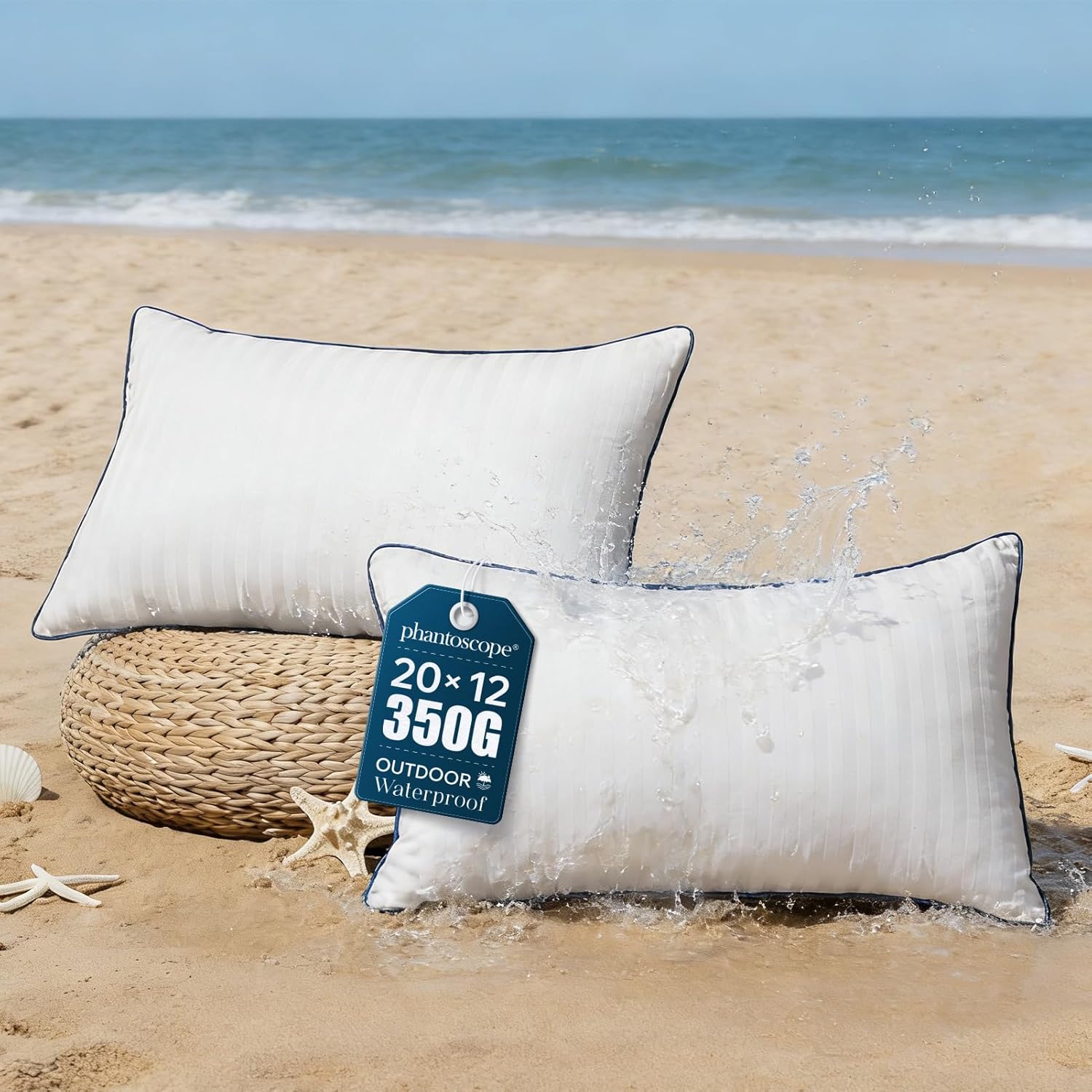 Phantoscope Outdoor Pillow Inserts Waterproof - Pack of 2 12x20 Inch Soft Water-Resistant Striped Throw Pillow Inserts with Piping, Decorative Lumbar Cushion Form Stuffer for Patio Furniture, Garden