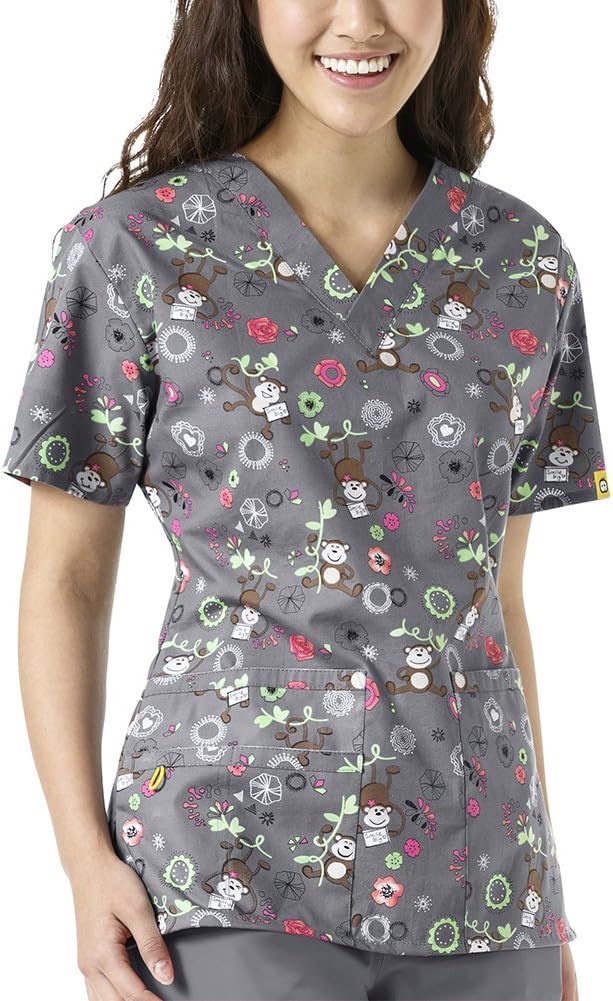 WonderWink Women's Plus Size Origins Bravo Print Scrub Top, Monkeying Around, 2XLarge Amazon