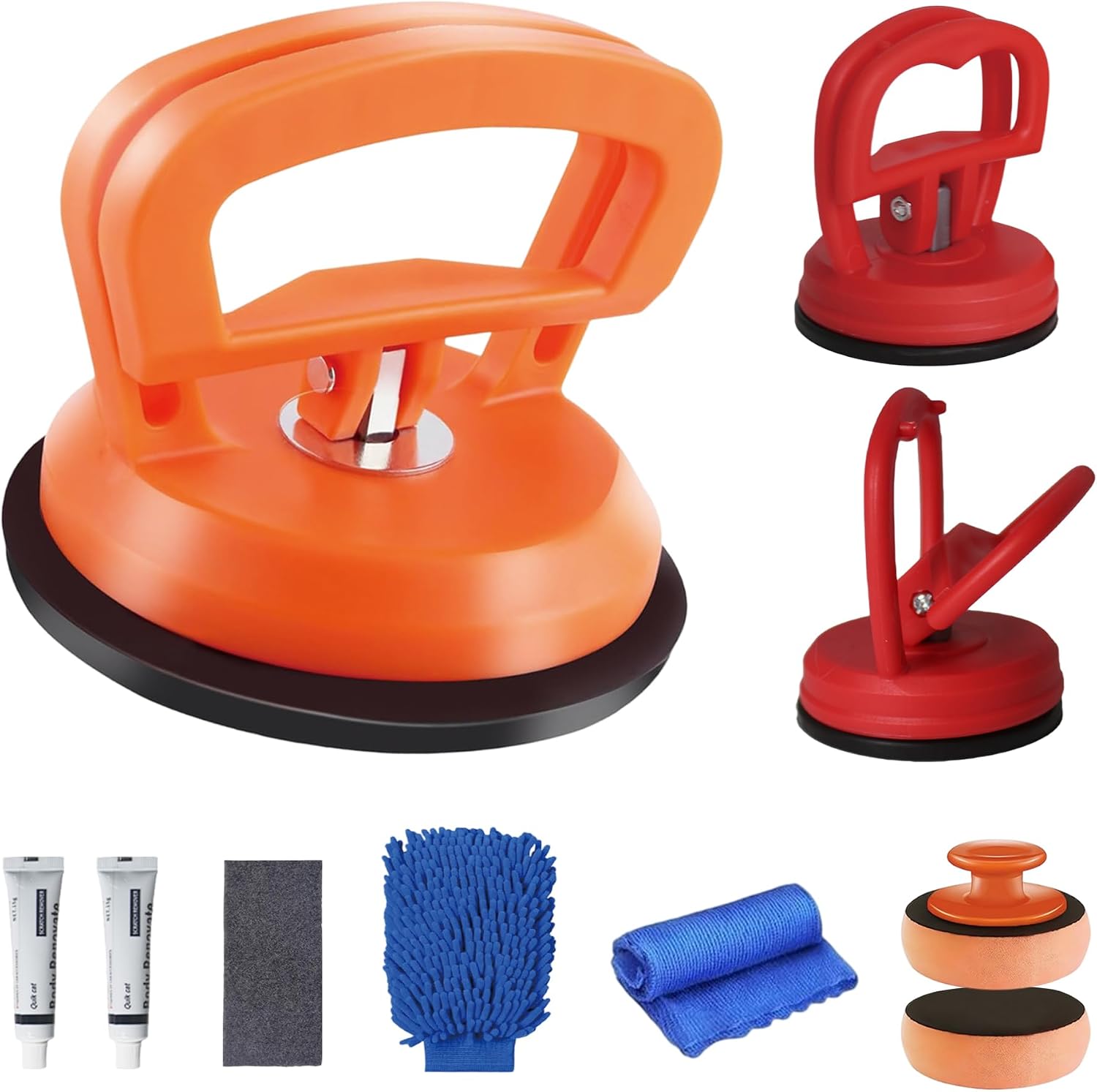 Dent Puller Kit – 10 PCS Car Dent Repair Tool, Suction Cup Paintless Dent Removal with 110lbs & 30lbs Pullers + Coral Glove, Towel, Sanding Paper & Scratch Wax for Hail Damage & Door Dings