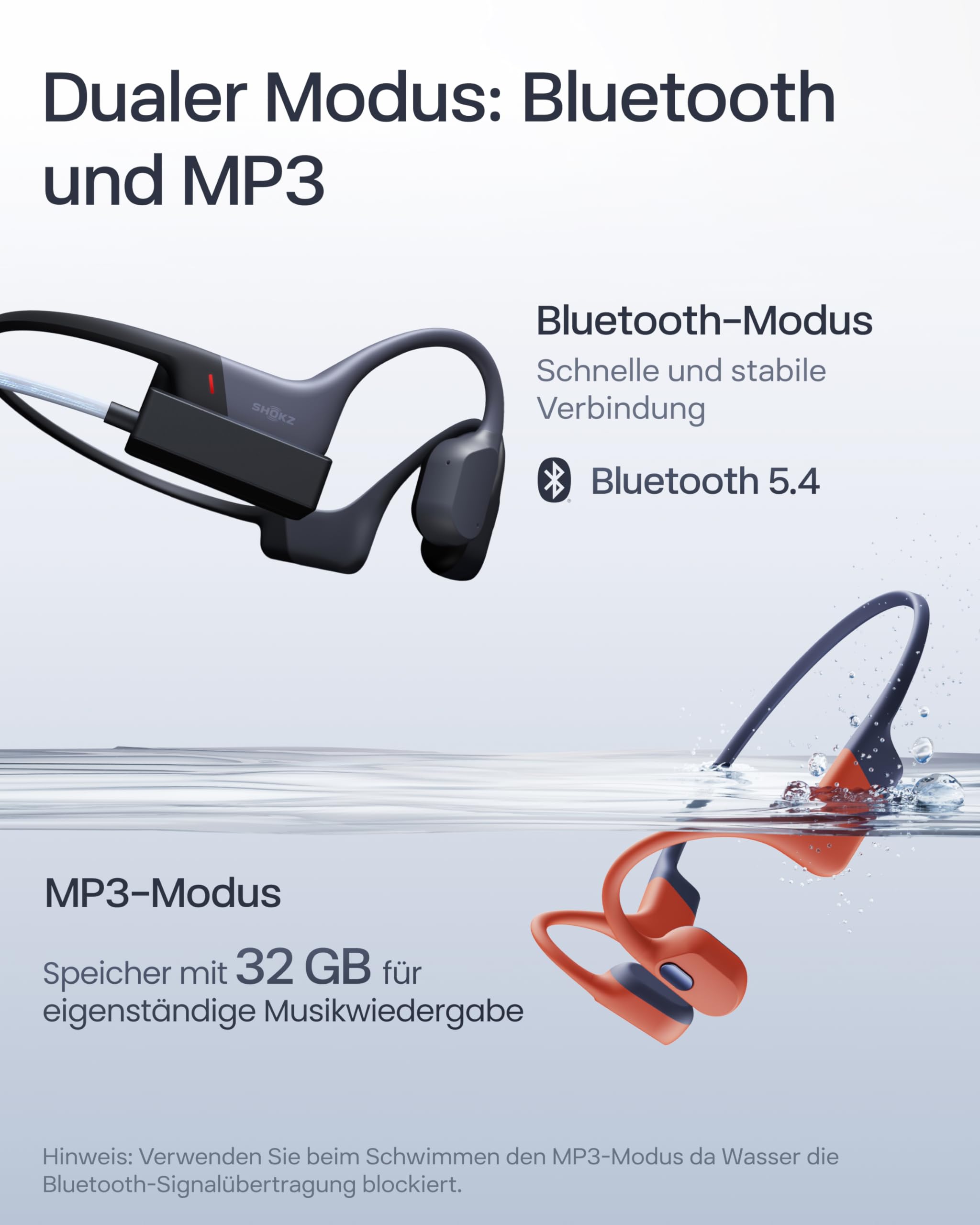 SHOKZ OpenSwim Pro Knochenschall Schwimmen Kopfhörer, IP68 Wasserdicht, 32GB MP3 Player, Bluetooth 5.4 Sport Kopfhörer Bluetooth mit Mikros, 9 Std Wiedergabe, Kabellos Aufladen, Schwimmen Laufen-Grau