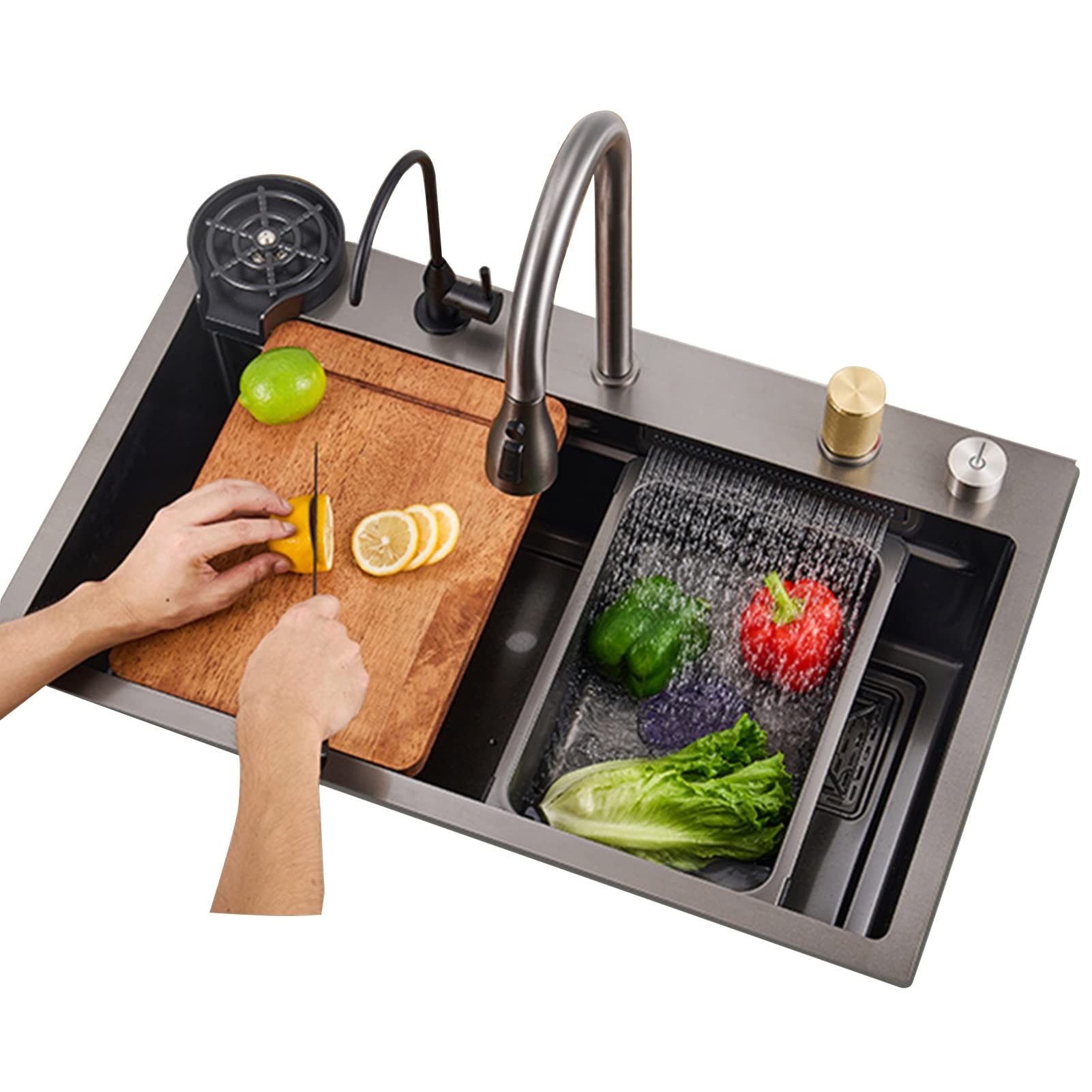 SDdPulse Black Stainless Steel Built-in Kitchen Sink Nano Waterfall Commercial Sink with Pull Out Faucet, Cutting Board and Cup Washer, Black, 68 x 46 cm