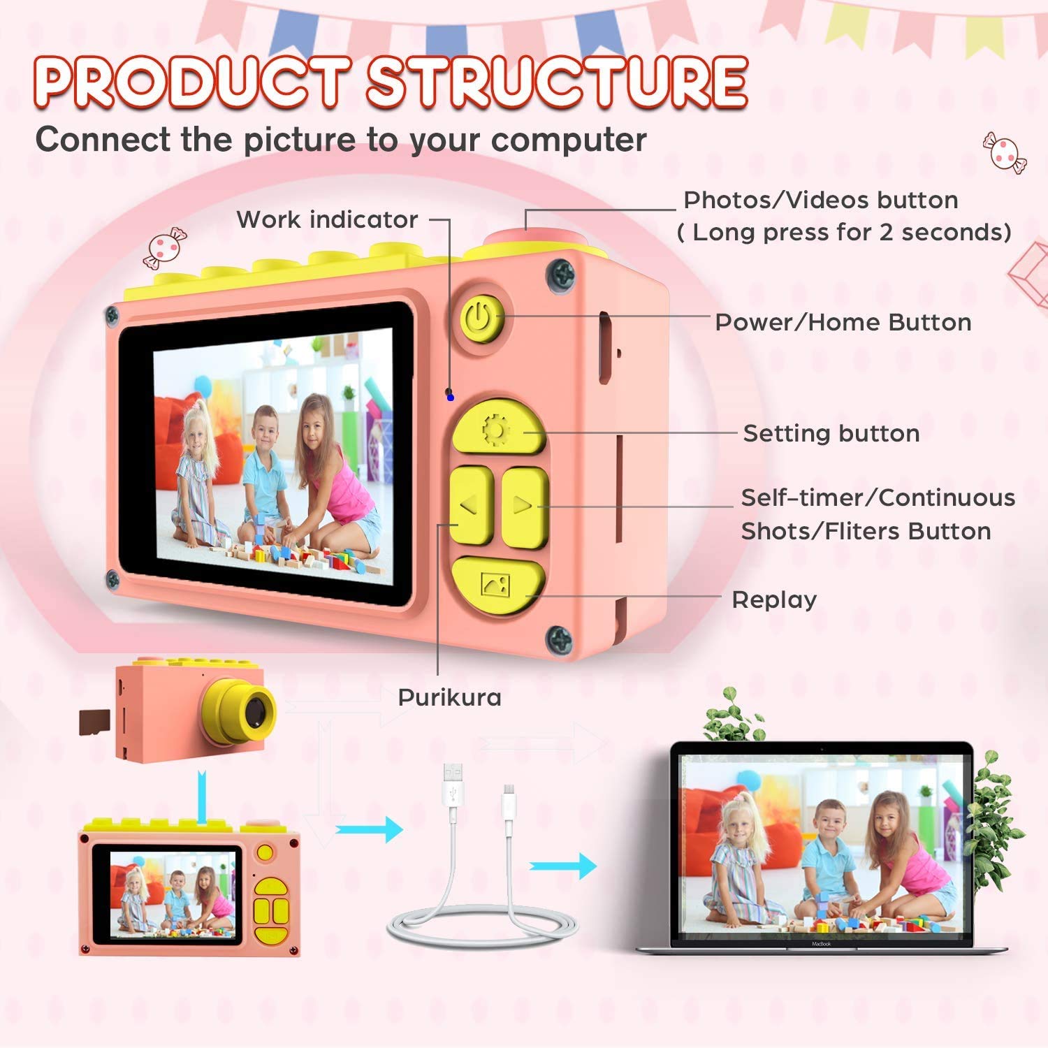 ShinePick Fotoapparat für Kinder, Wasserdicht / 8MP / HD 1080P / 2 Inch Bildschirm / Foto & Video / Rahmen / Filter, Digitalkamera mit Speicherkarte, Geschenke (Rosa)