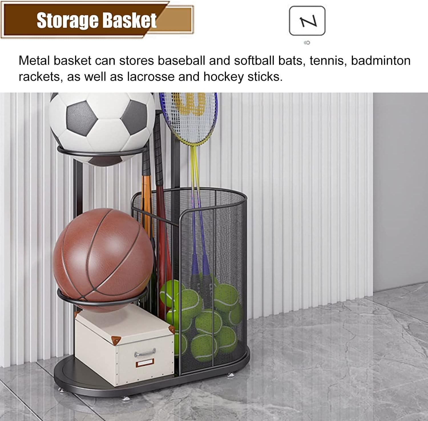 Racket Storage Rack, Ball Storage Rack Vertical, Home Garage Basketball Organizer 110cm Tall, Iron Gym Equipment Rack for Badminton Racket/Tennis Ball (Gold)(Color:Gold)