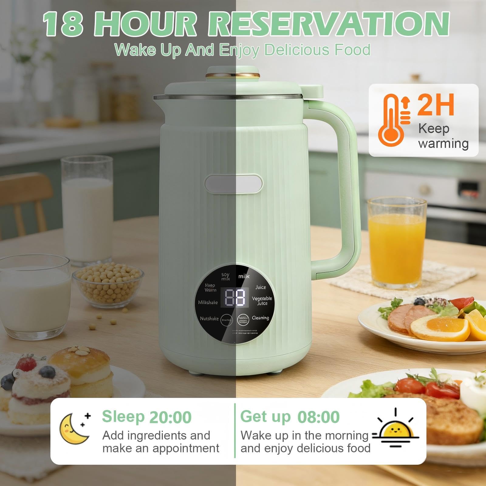 Maszyna do mleka orzechowego, 1200 ml, automatyczna maszyna do mleka sojowego z samoczyszczeniem, 8 w 1 z timerem, maszyna do mleka owsianego, migdałowego, sojowego i soku (zielona)