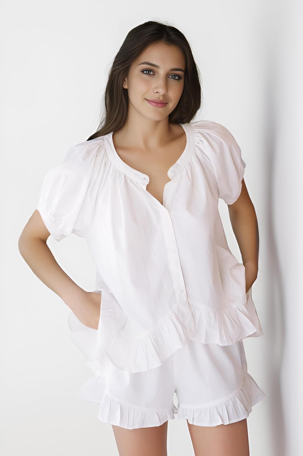 Womens Fashion Summer Short Sets Short Sleeve Button Down Ruffle Trim Top and Shorts Cotton Pajama Sets - Image 3