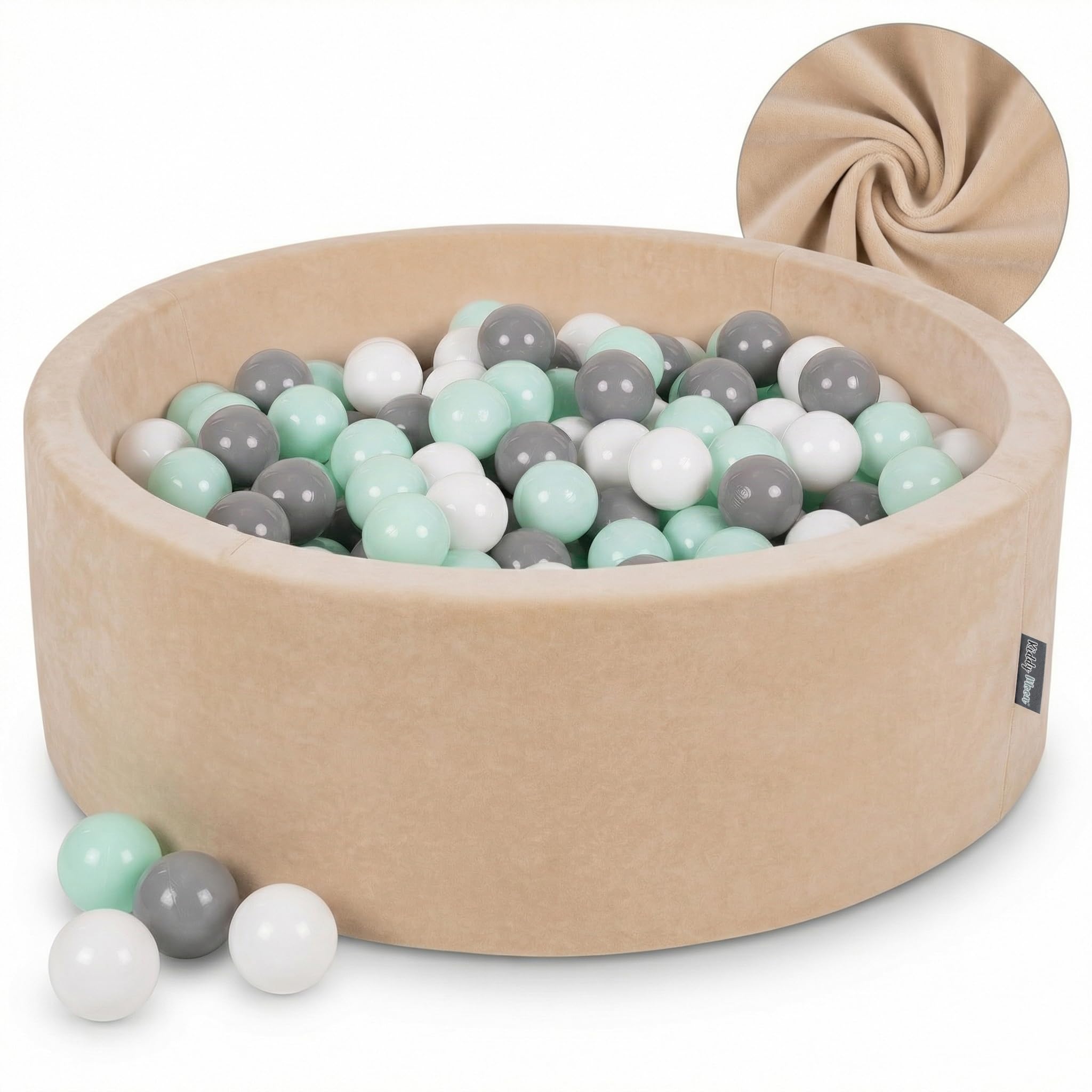 KiddyMoon Soft Ball Pit Round 90X30cm/300 Balls ∅ 7Cm/2.75In For Kids, Foam Velvet Ball Pool Baby Playballs, Sand Beige:White/Grey/Mint — image 1