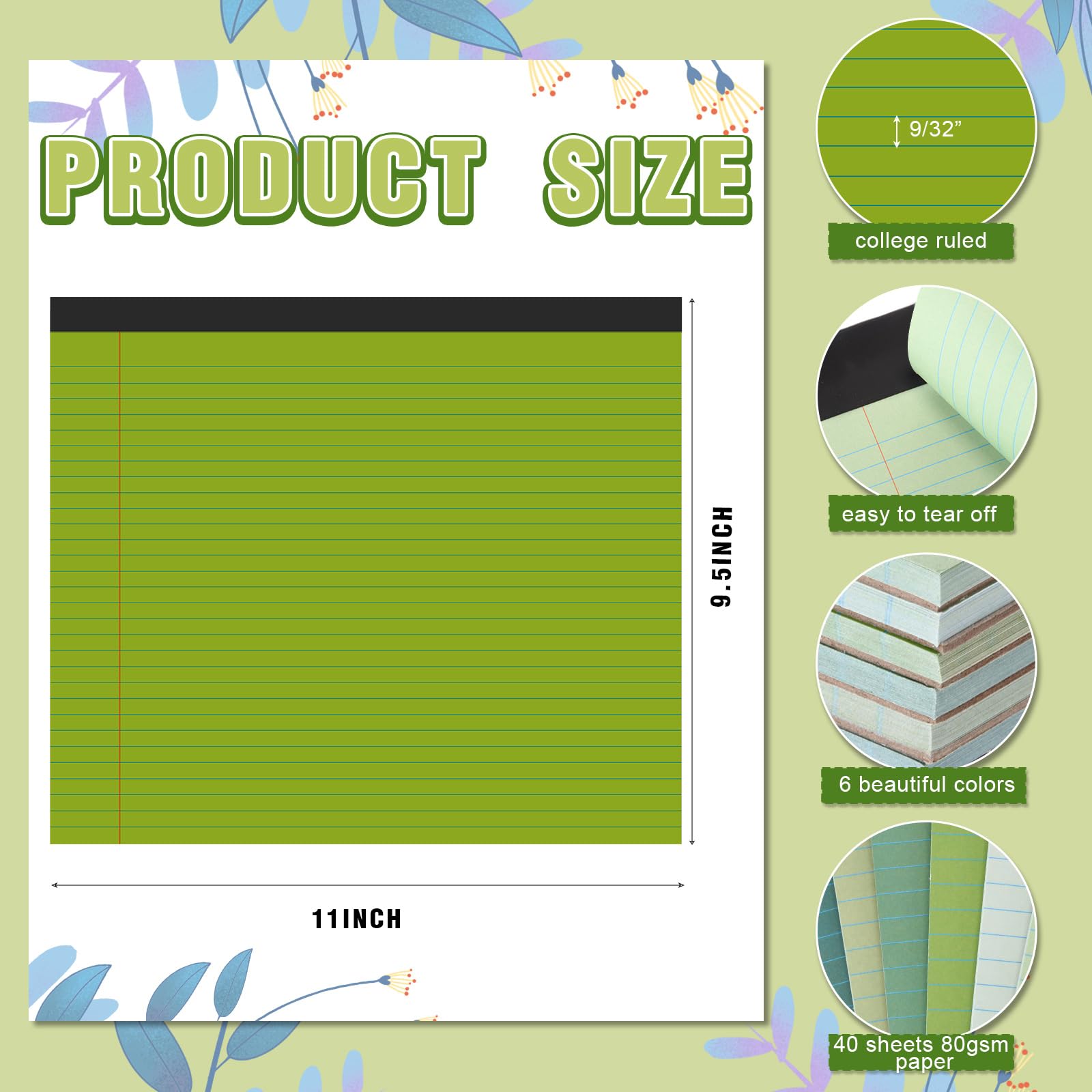 Lincia 6 blocchetti da 27,9 x 24,1 cm, blocco note a righe universitarie, blocchi di carta colorata a righe, 40 fogli/blocchetto da 80 g/m², colori pastello, per scuola e ufficio (verde sfumato)
