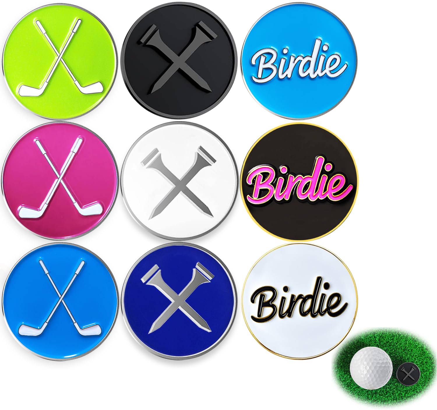 Adhere Golf ball Markers Soft Enamel golf ball markers without hat clip pack of 9, A Premium Golf Gifts for Golfer (9 colors ball marker)