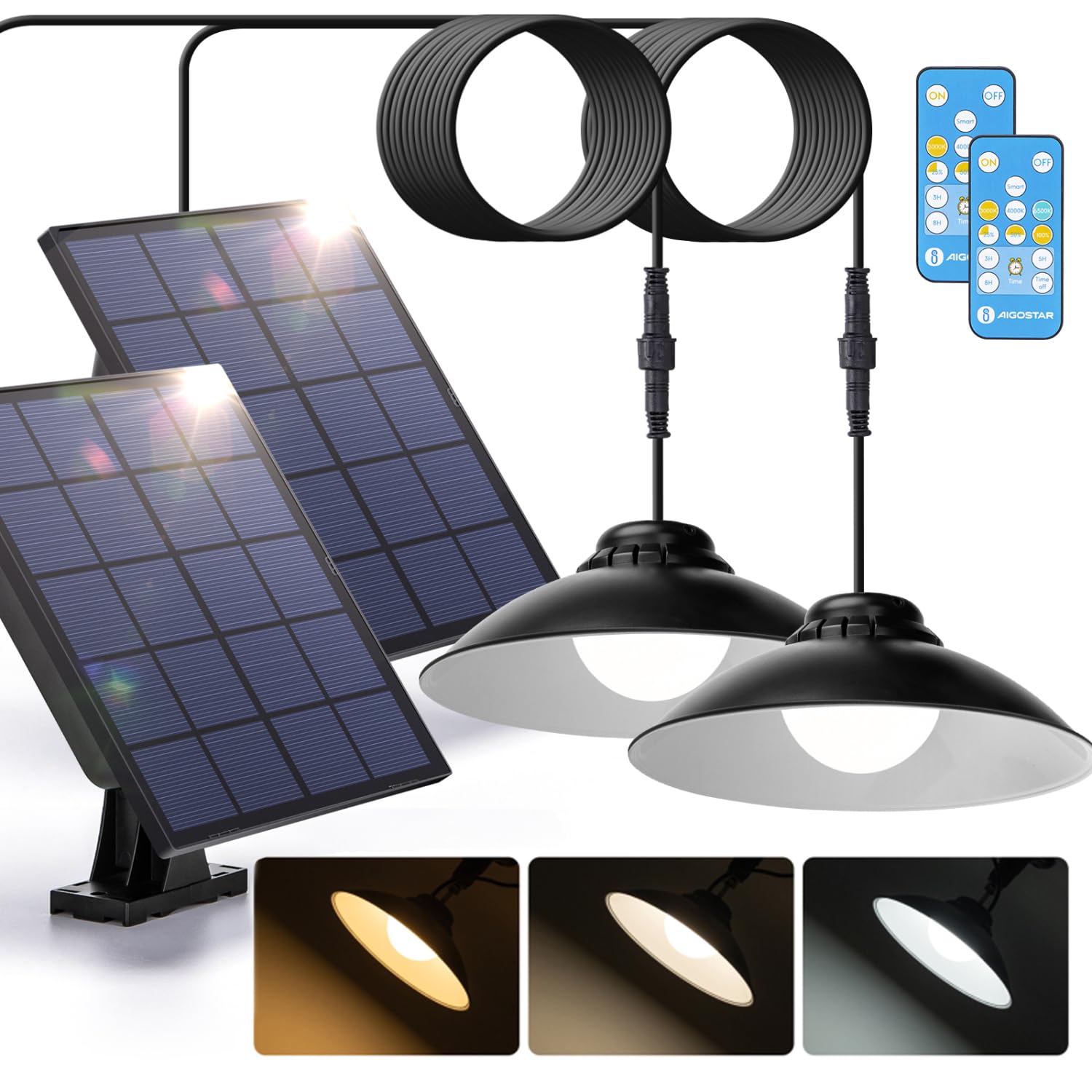 Aigostar Lampe Solaire Extérieur avec Télécommande 50W 500LM Lumière Solaire Extérieur IP65 réglable 3000K/4000K/6500K, Câble de 3 Meters.2 pcs