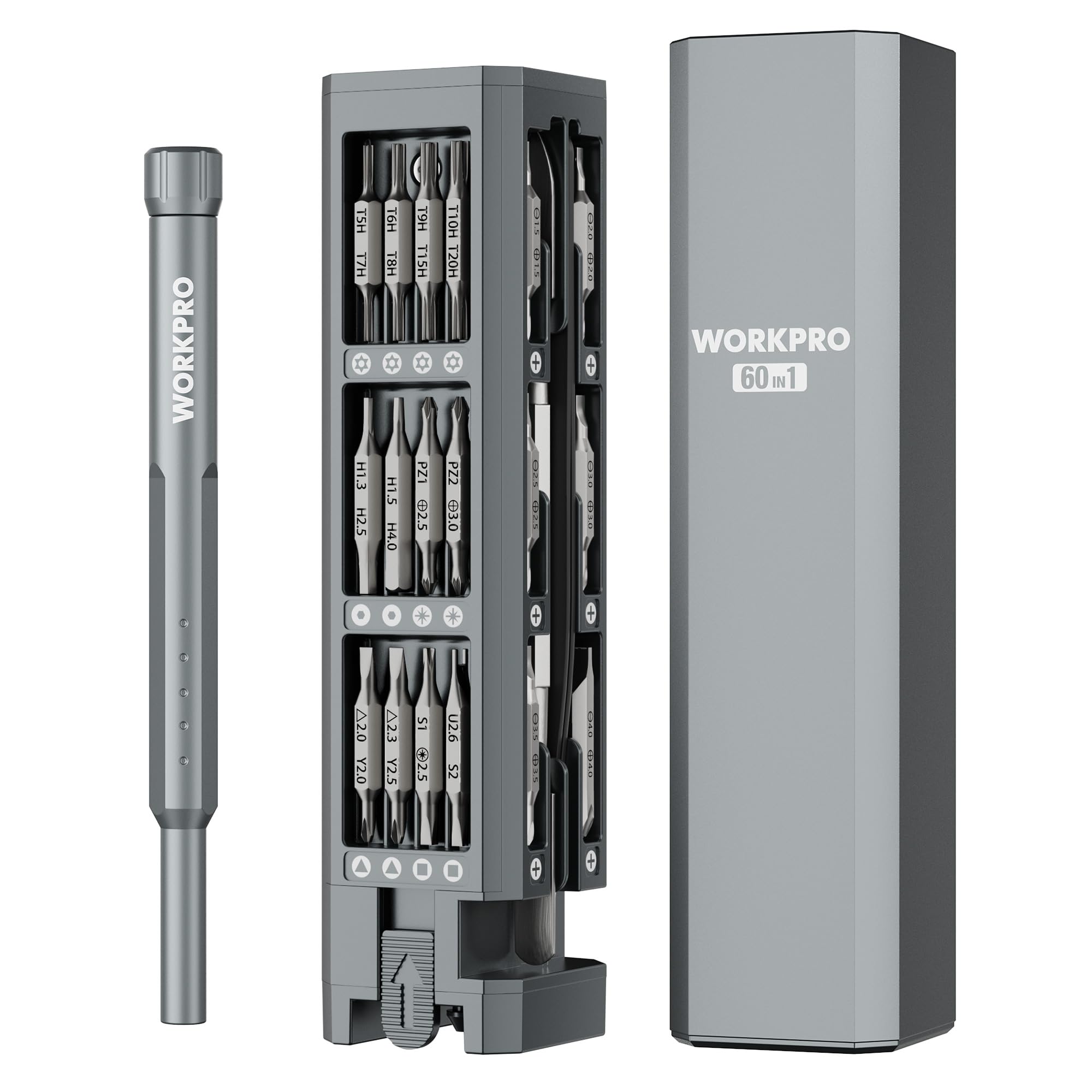 WORKPRO 60-in-1 Precision Screwdriver Set with Pop-up Magnetic Case Well-organized CRV Small Screwdrivers 360 Spin Mini Screw Driver