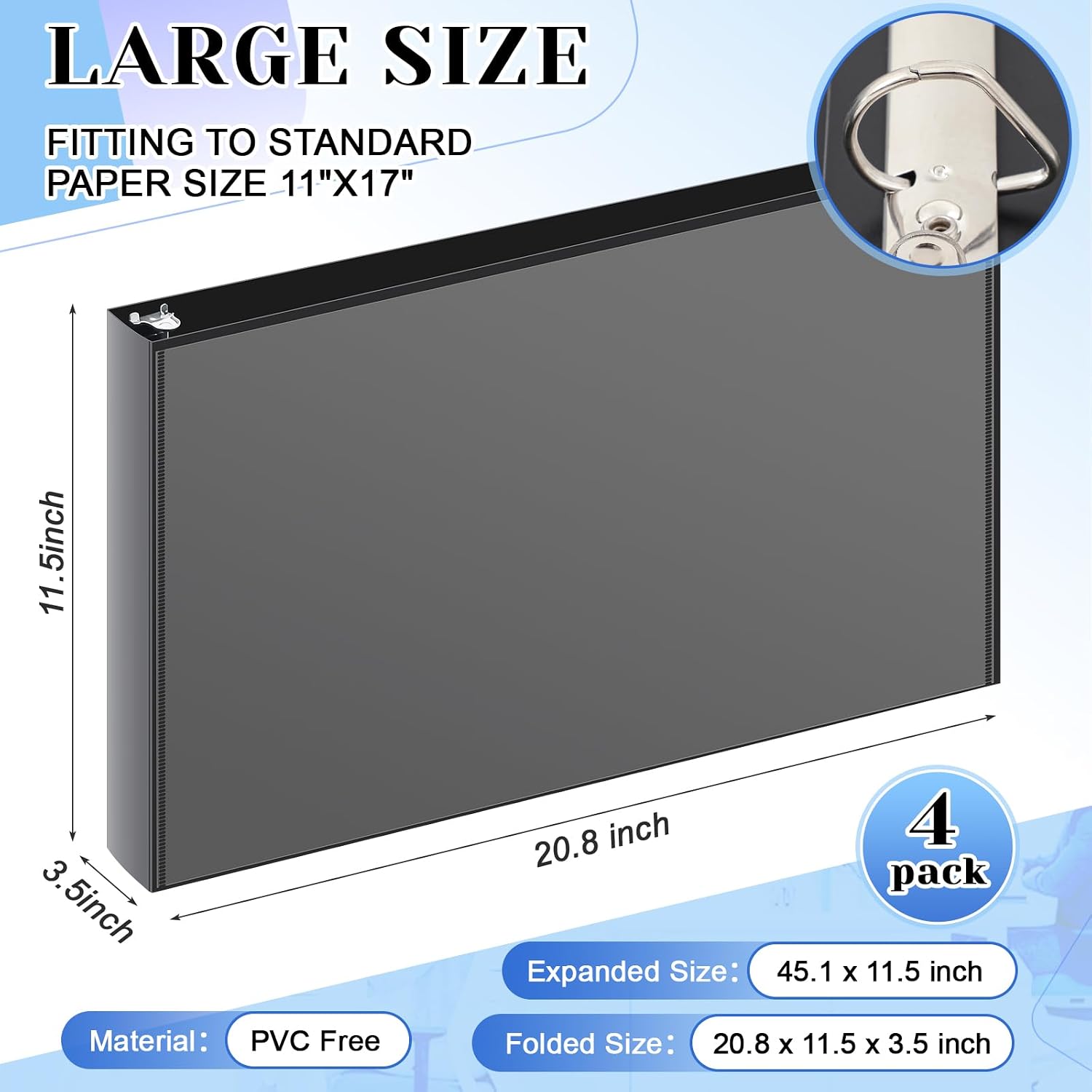 4 Pcs 11 x 17 Inches View Binders 3 Inch 3 Rings Heavy Duty D Ring Binders Economy Holds 11" x 17" Paper for Artwork Blueprints, Office, Home, Workplaces (Black)