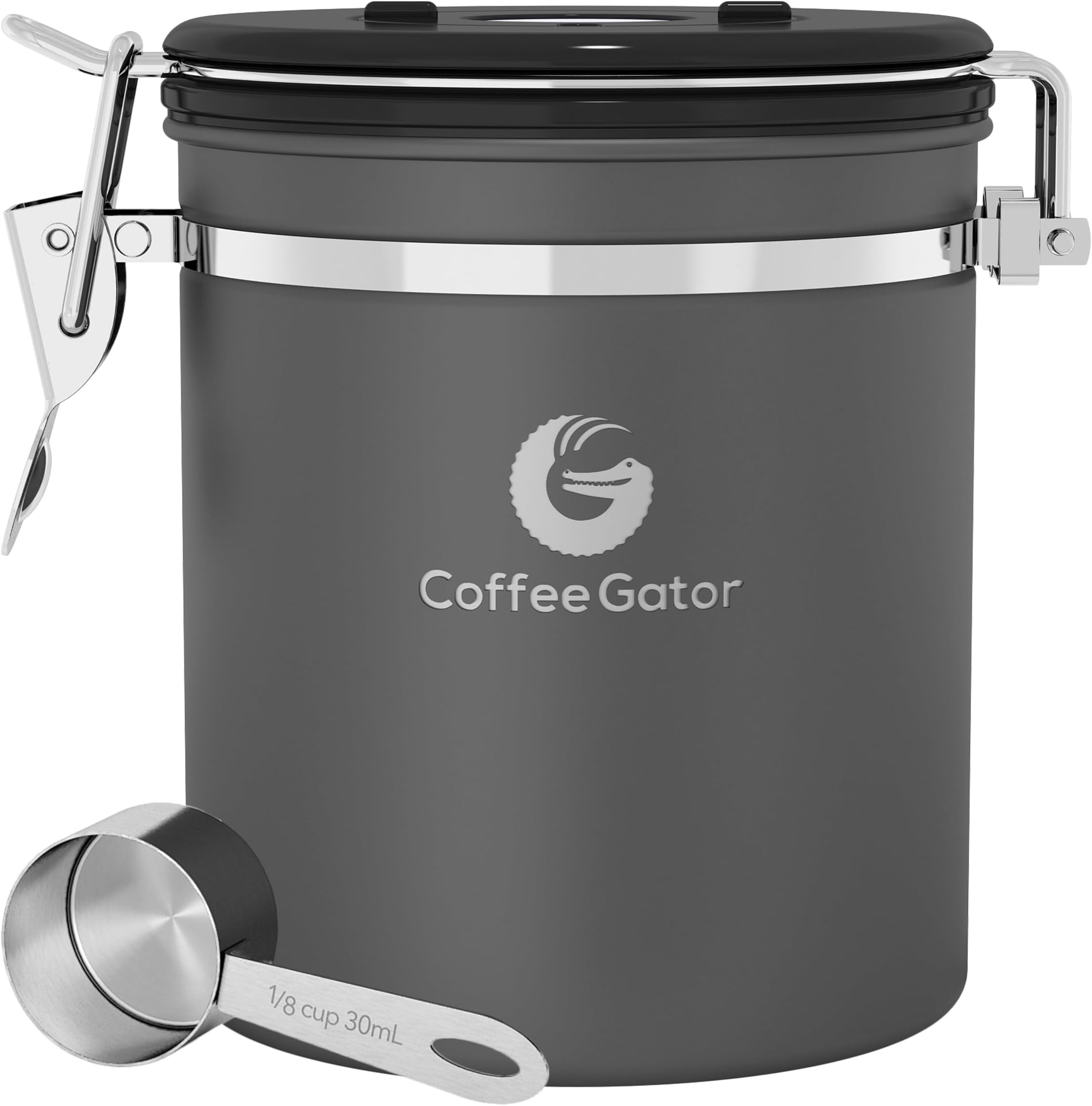 Coffee Gator Coffee Canister Airtight 1300 mL, Stainless Steel Kitchen Food Storage Container with Date Tracker, CO2 Valve, Scoop for Grounds Coffee, Beans,Tea, Sugar, Flour, Snacks