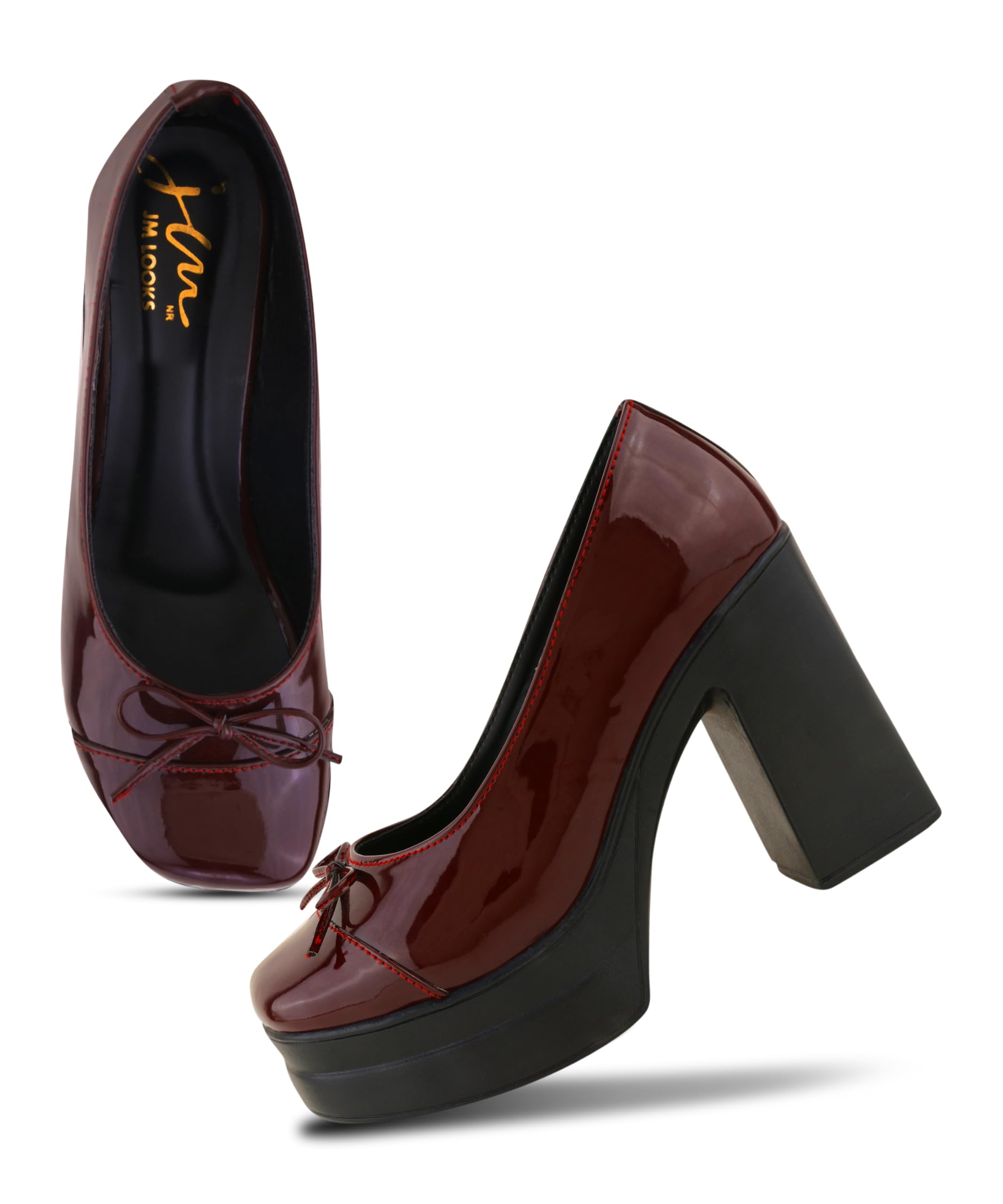 Women's High Block Heel Platform Pumps with Square Toe Design and Delicate Bow Embellishment-image-9