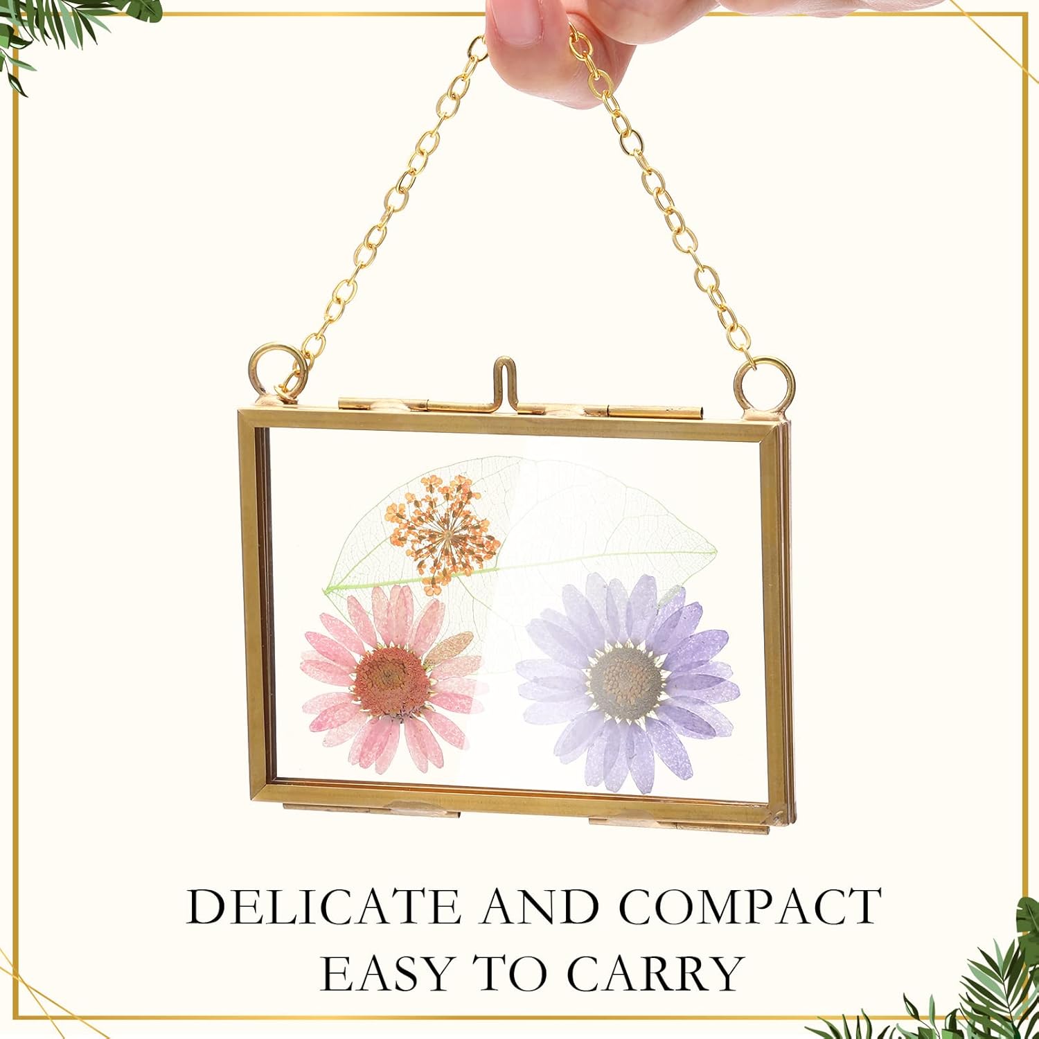 Kenning 8 Pcs Small Glass Frame for Pressed Flowers 3.5 x 2.5 Inch, Double Floating Picture Frames Brass Hanging Photo with Chain Wall Decor for Dried Flower Tree Ornaments(Gold)