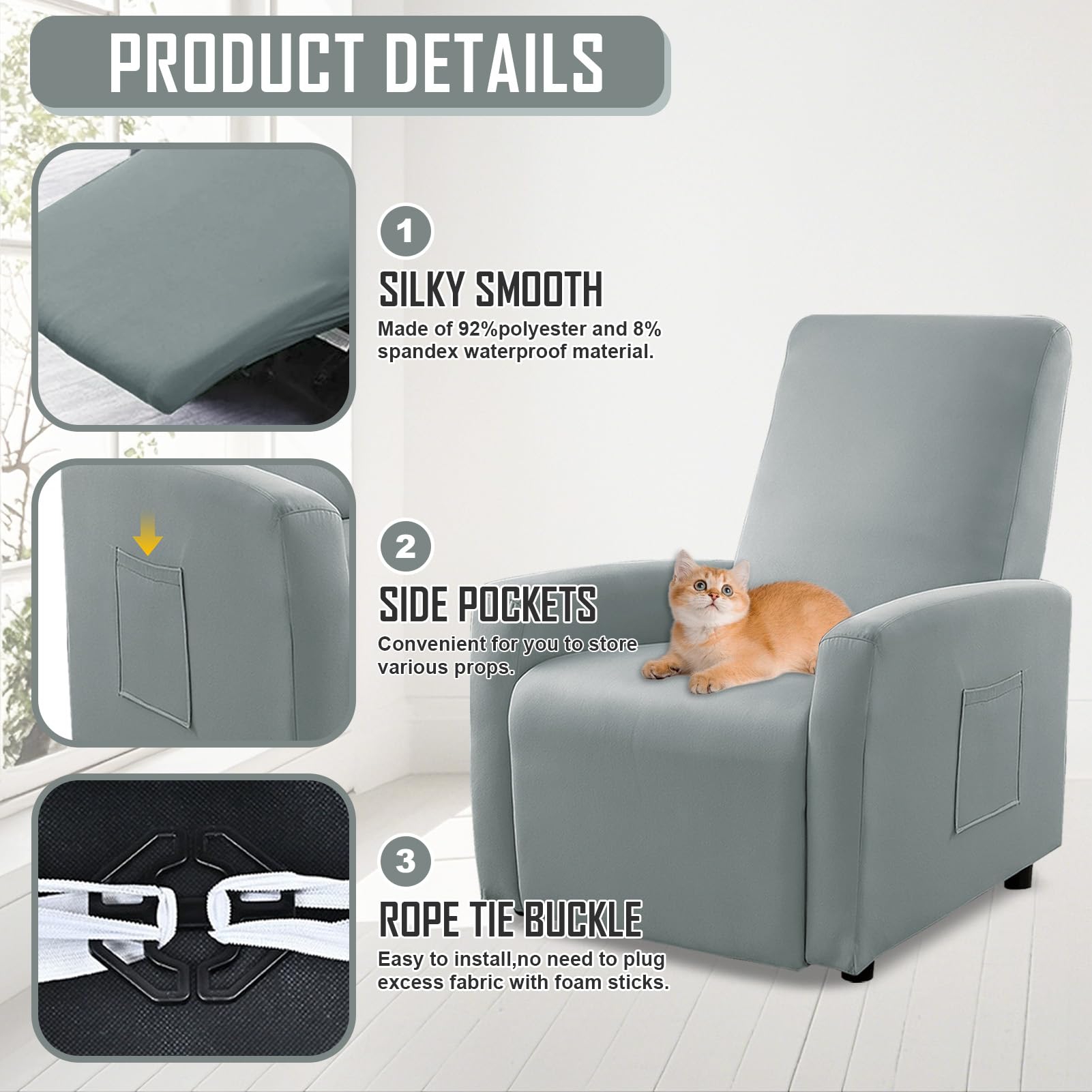 MeYuxg Copri Poltrona Relax Reclinabile a 1 Posto, Elasticizzato Copripoltrona Relax Reclinabile con Tasche, Impermeabile Copri Poltrona Totale, per Poltronas Relaxs e TV(Grigio Chiaro, 4 Pezzi)