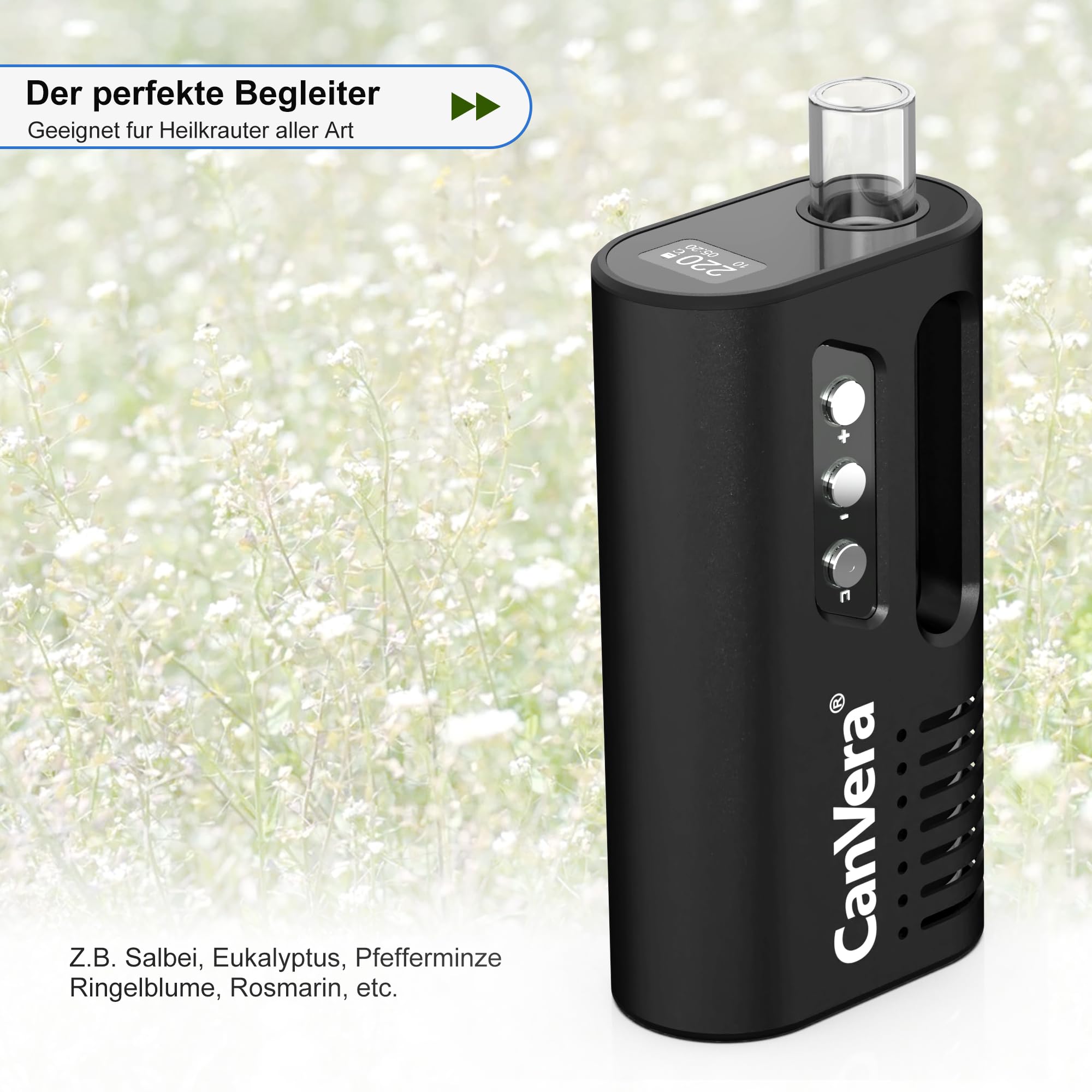 Vaporizer Cannabis | CanVera Kräuter Verdampfer | Konvektion Technologie | Temperatur 50-220℃ | Einstellbare Sessionzeit 5-13 Min. | Glasmundstück Vapo-rizer | Keramik Kammer | USB-C
