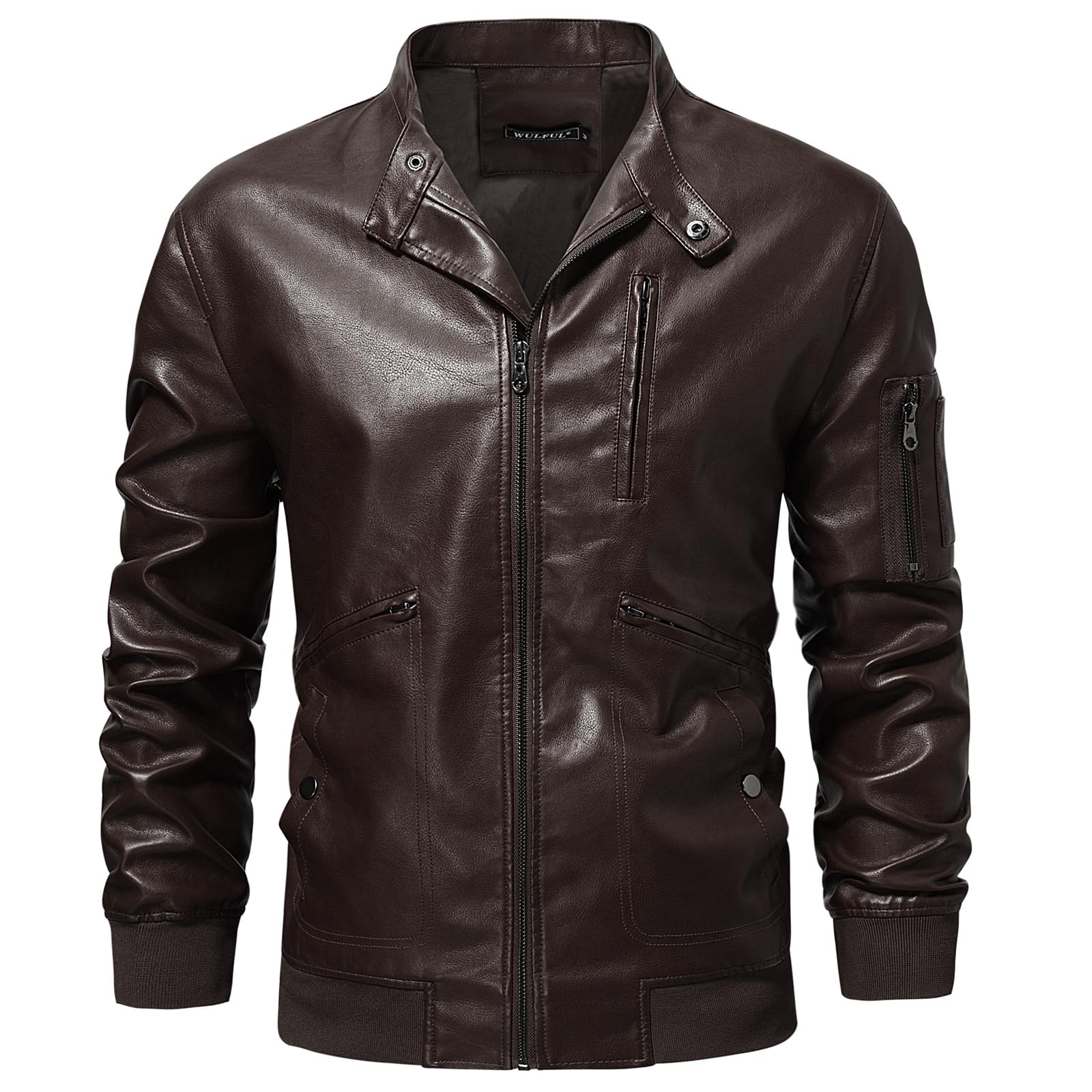 WULFUL Men's Faux Leather Jacket Stand Collar Lightweight Bomber Jacket