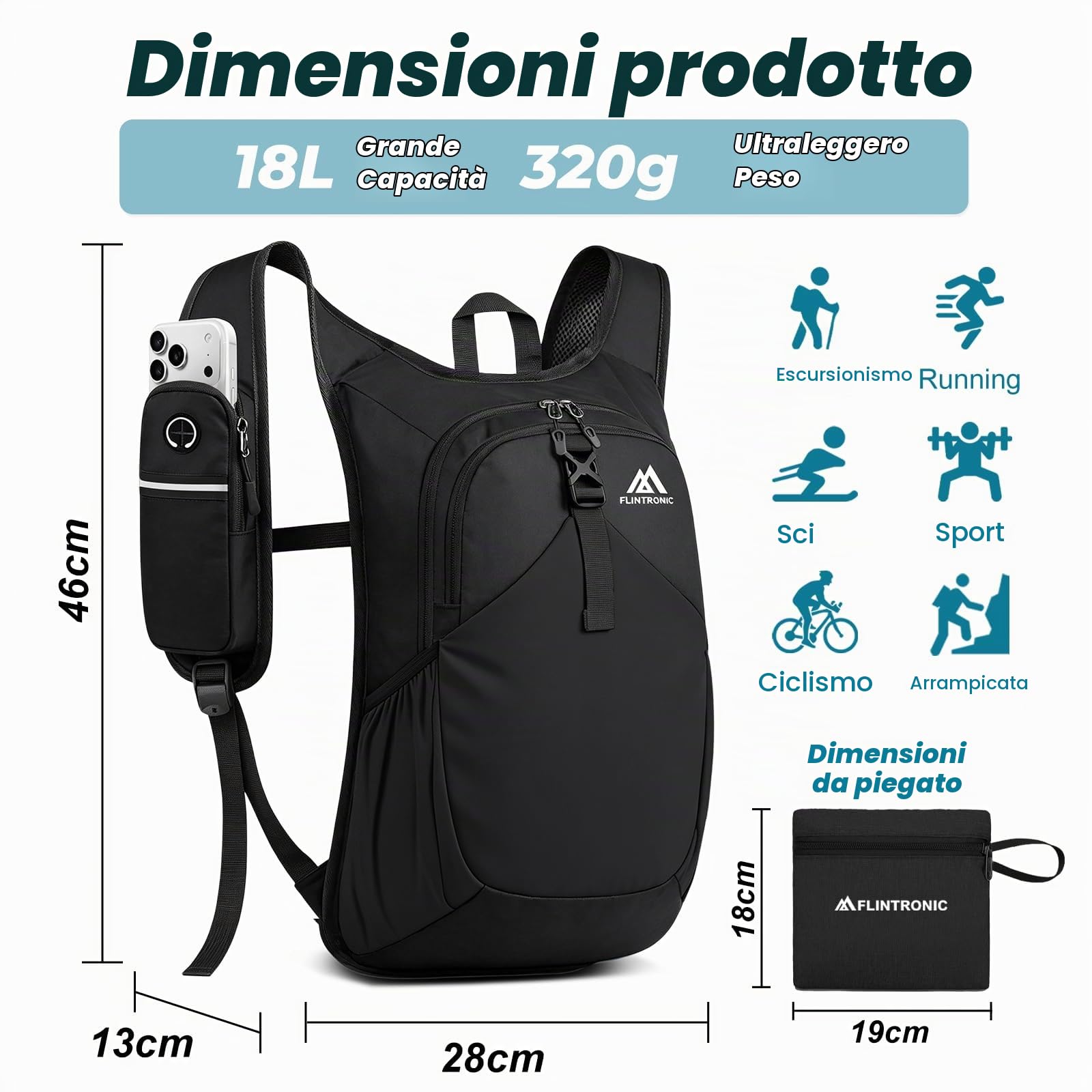 flintronic 18L Zaino Trekking Pieghevole, Impermeabile Zaino Ultraleggero, Zaini da Escursionismo, Zaini Ripiegabile Tasca Multipla, Sport All'aria Aperta, Arrampicata, Escursionismo, Campeggio