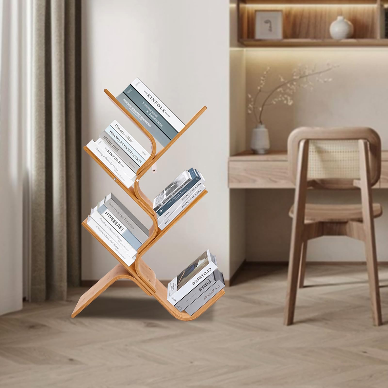 Libreria In Bambù Naturale 5 Piani A Forma Di Albero - Scaffale Verticale Moderno Per Libri, Portaoggetti, Angolo Salotto - Capacità 7,5kg Per Piano, 63x20x91 Cm - 2