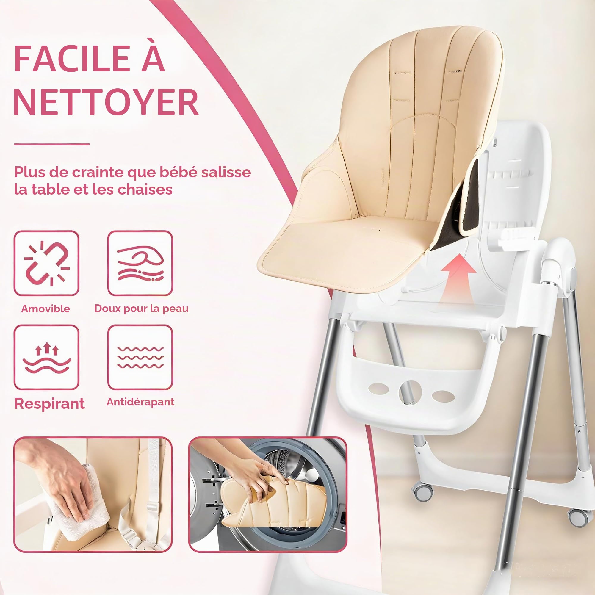Chaise Bébé Pliante, Chaise Haute 4-en-1 Réglable en Hauteur, Siège Bébé avec Plateau Amovible, Roulettes & Harnais 5 Points, Chaise Haute Évolutive (Beige)