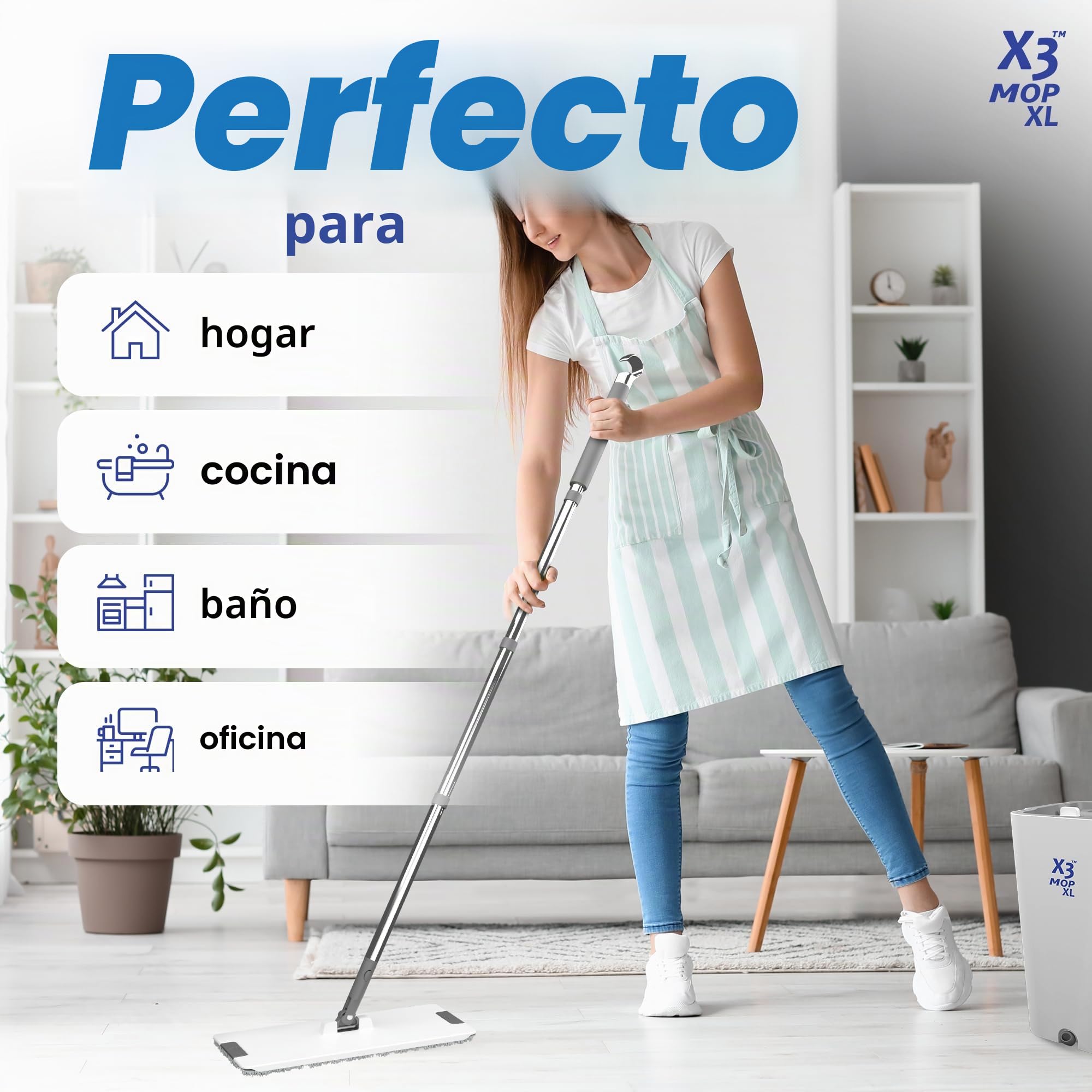 X3 Mopa XL, Separa el Agua Sucia y Limpia, diseño de 3 cámaras, Juego de fregona Plana y Cubo, Limpieza Manos Libres del Piso del hogar, 3 Almohadillas de Microfibra Reutilizables Incluidas