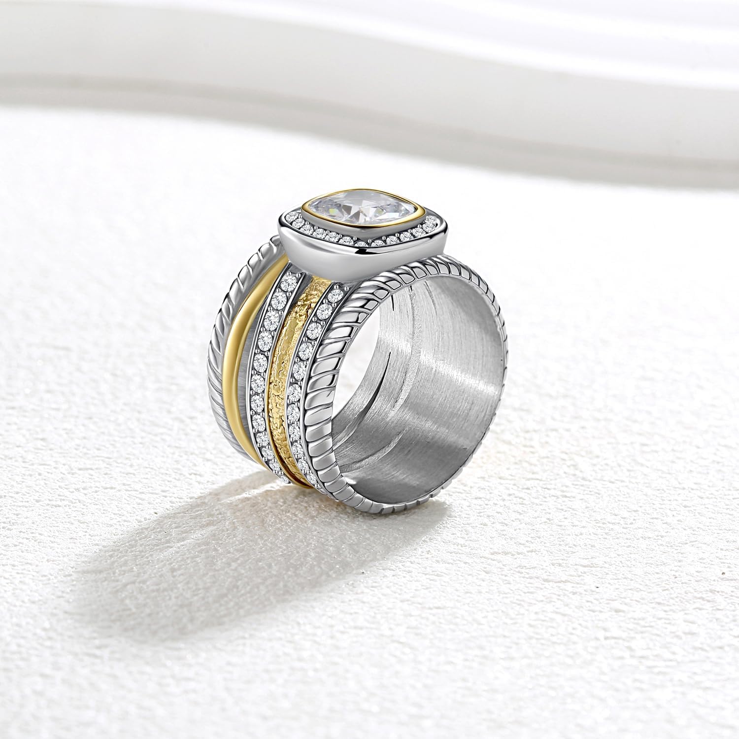 2 Tone Intertwined Crossover Statement Ring for Women,Stainless Steel Cubic Zirconia Wedding Rings for Women,Fashion Chunky Wide Index Finger Rings Jewelry - Image 4