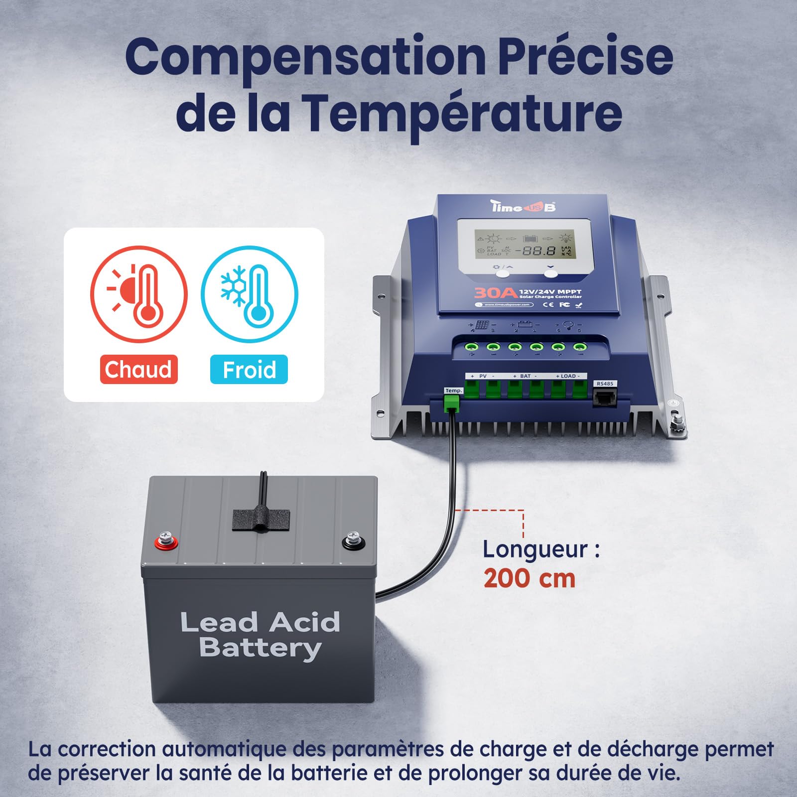 Timeusb 12V/24V 30A MPPT Régulateur de Charge Solaire pour Batterie Lithium | Reconnaissance Automatique 12/24V & Efficacité de Suivi à 99%,Contrôleur avec Écran LCD pour Plomb-Acide