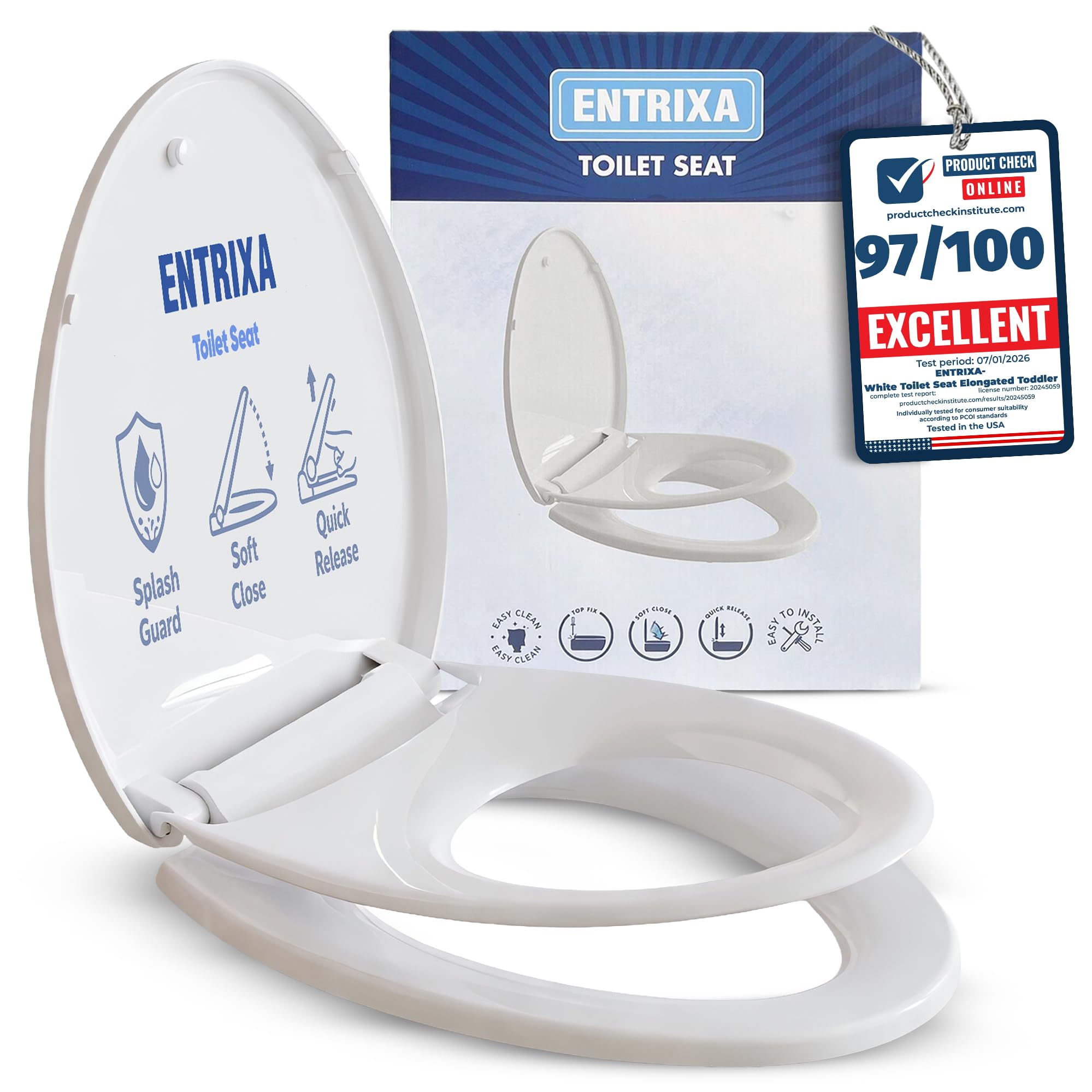 2-in-1 Toddler Potty Training Seat - Elongated White Toilet Seat with Built-in Magnetic Child Seat Soft Close One-Click