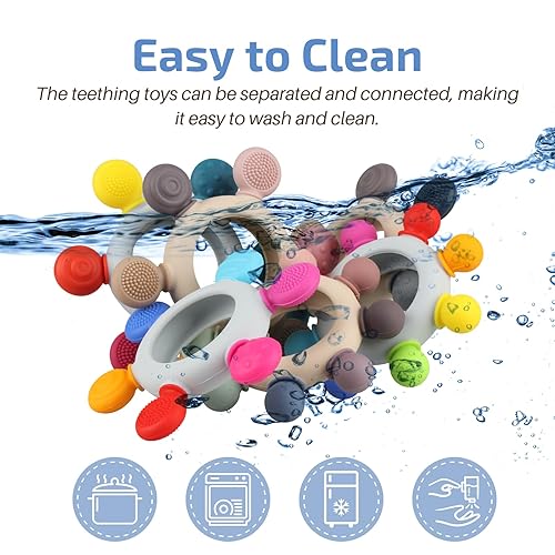 Miniatura 5 de Juguetes de dentición para bebés, mordedores masticables de silicona con anillo de madera para calmar las encías de los bebés, regalo de ducha de