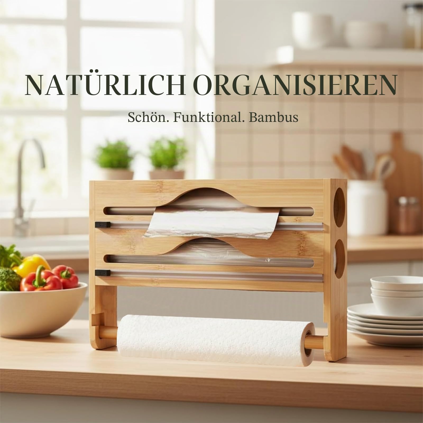 Küchenrollenhalter ohne Bohren – 2-in-1 Bambus Folienabroller mit Papierhalter, Wandmontage, Rundöffnung 5cm, Abnehmbarer Halter für Küchenrolle, Folie & Aufbewahrung (Naturfarbe)