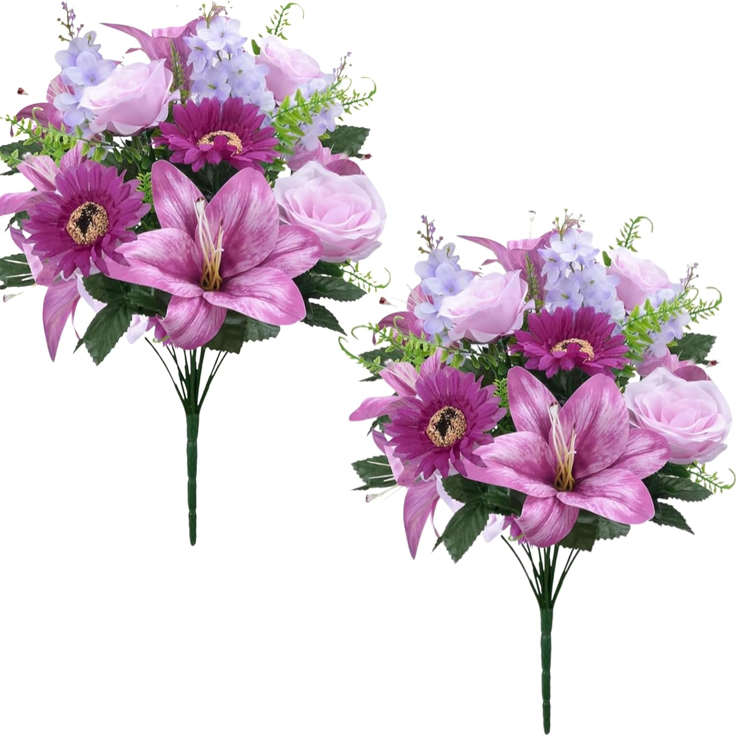 Zythrem 2Pcs Spring Cemetery Flowers for Grave Lily Artificial Flowers Mixed Rose, Fake Floral Arrangement Artificial Bouquet for Home Party Grave Vase Table Centerpieces