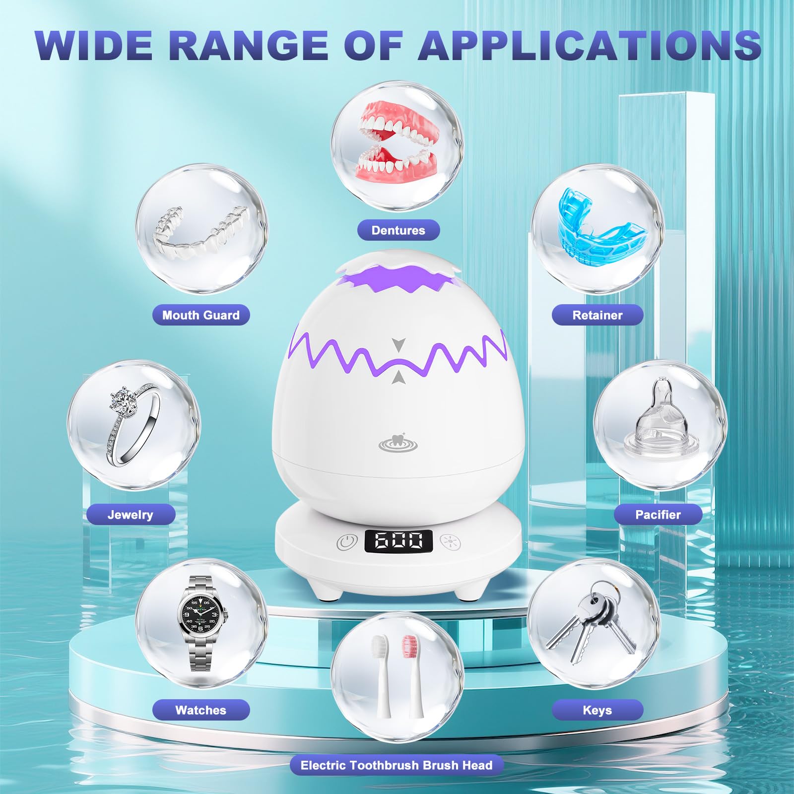 Limpiador ultrasónico 2025-45000 Hz, limpiador ultrasónico, 180 ml, para férula dental, dentaduras, retenedores, alineadores, prótesis, cabezal de cepillo de dientes, limpiador de joyas