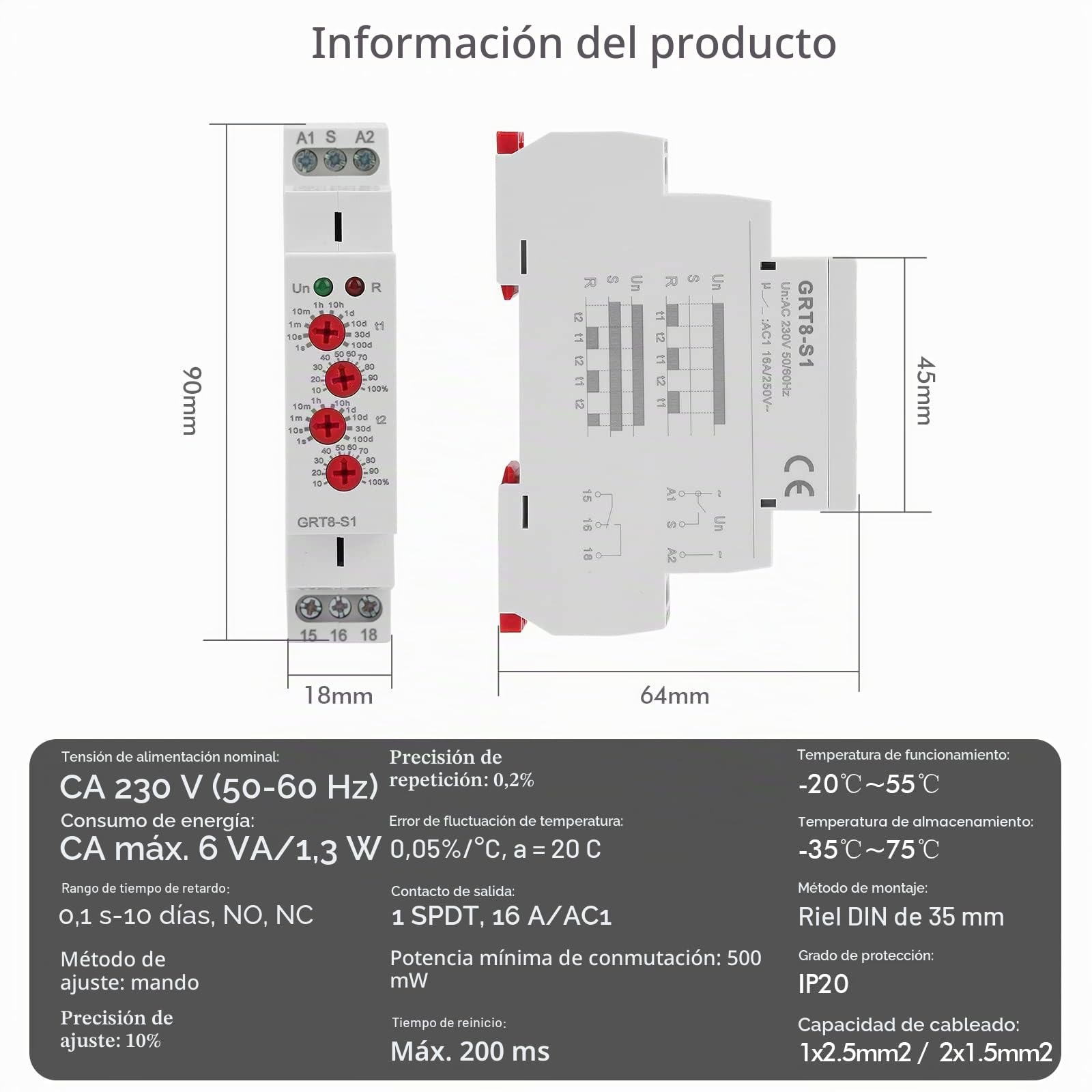 DEWIN Relé de Tiempo de ciclo asimétrico 220V AC, GRT8-S1 Relé de Retardo de Tiempo para carril DIN Relé de retardo modular de Encendido/Apagado