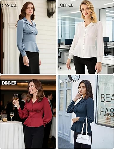 Miniatura 4 de GRACE KARIN Tops de manga larga para mujer, casuales de negocios, elegantes blusas peplum con botones, camisas de trabajo elegantes con cuello para