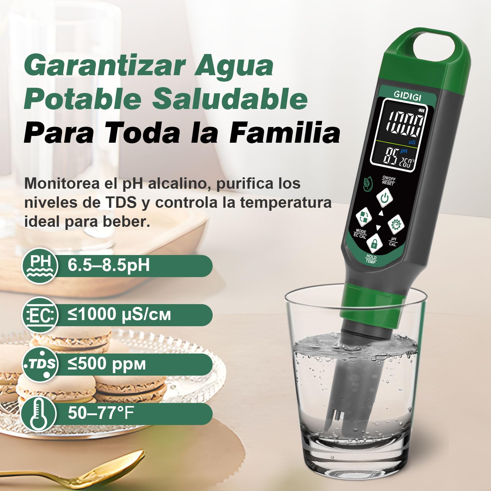 Medidor de pH y PPM 4 en 1 EC TDS TEMP con Pantalla a Color para Hidroponía Piscinas Cerveza