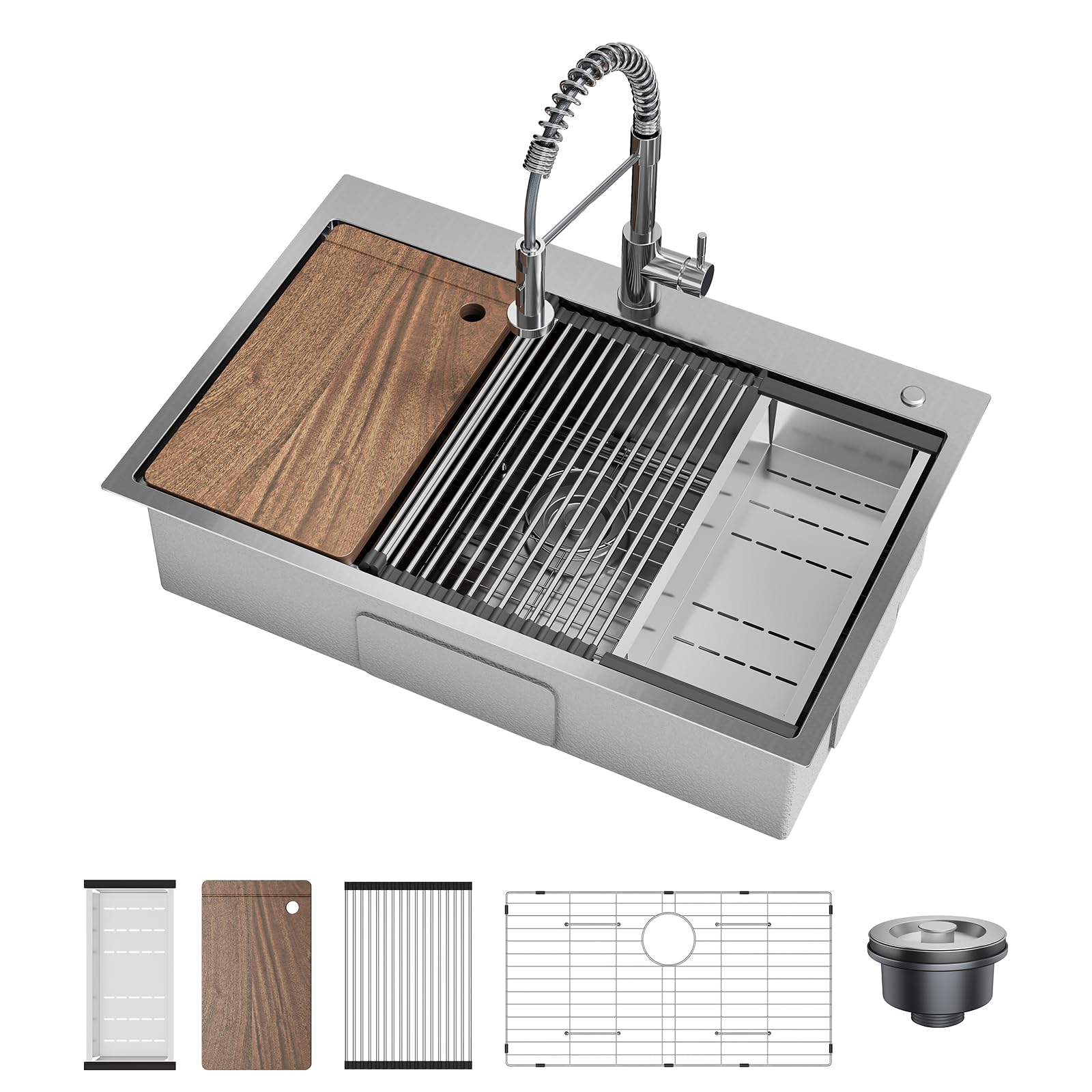 Drop in Kitchen Sink with Pull Down Spring Faucet, 33x22x9 Inch Stainless Steel Single Bowl Workstation Sink with Accessories for Kitchen(Silver)