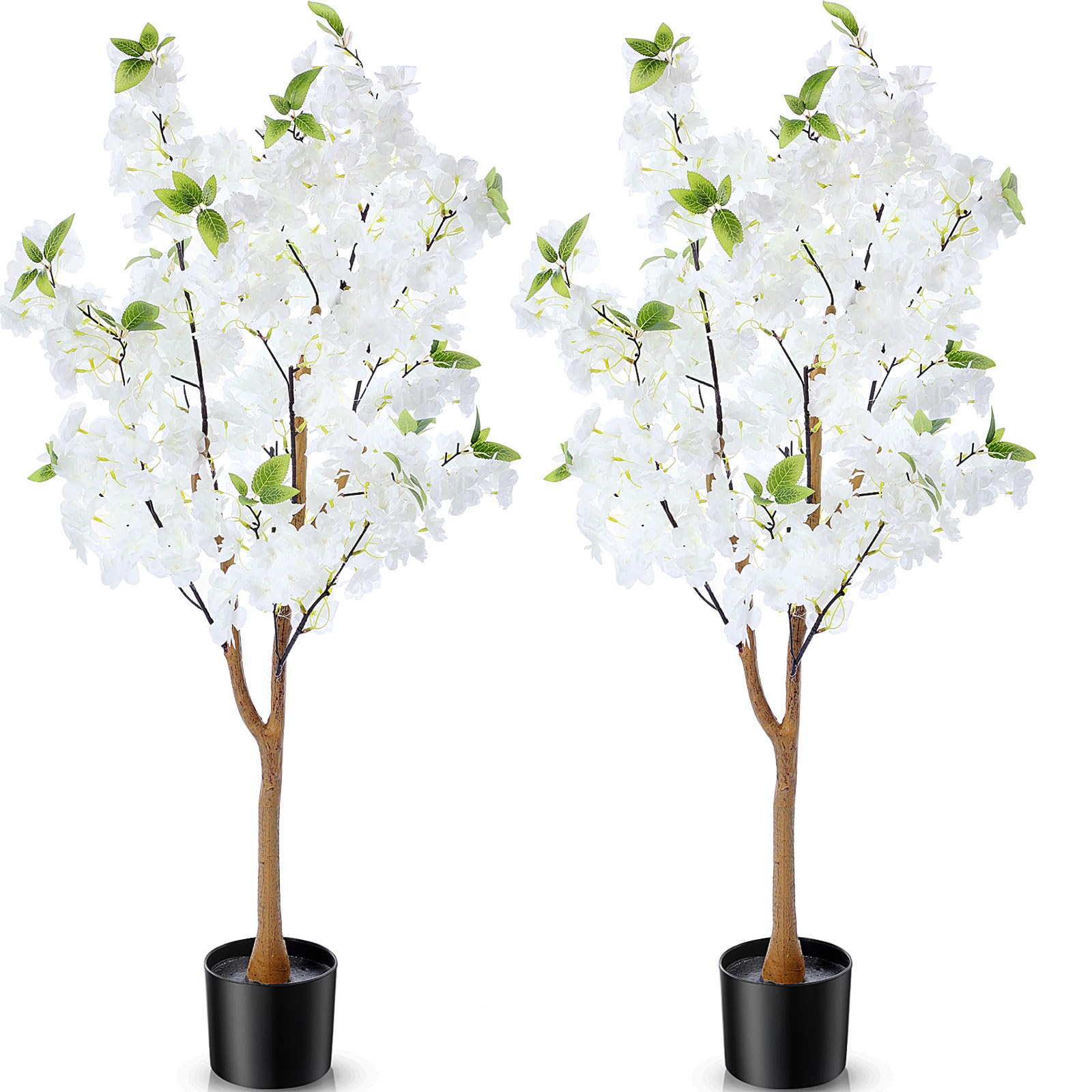 giegxin 2 pack artificial cherry blossom tree 3.9 ft fake faux sakura flowers potted plant indoor with plastic nursery pot for home porch bedroom house entryway office outdoor (white)