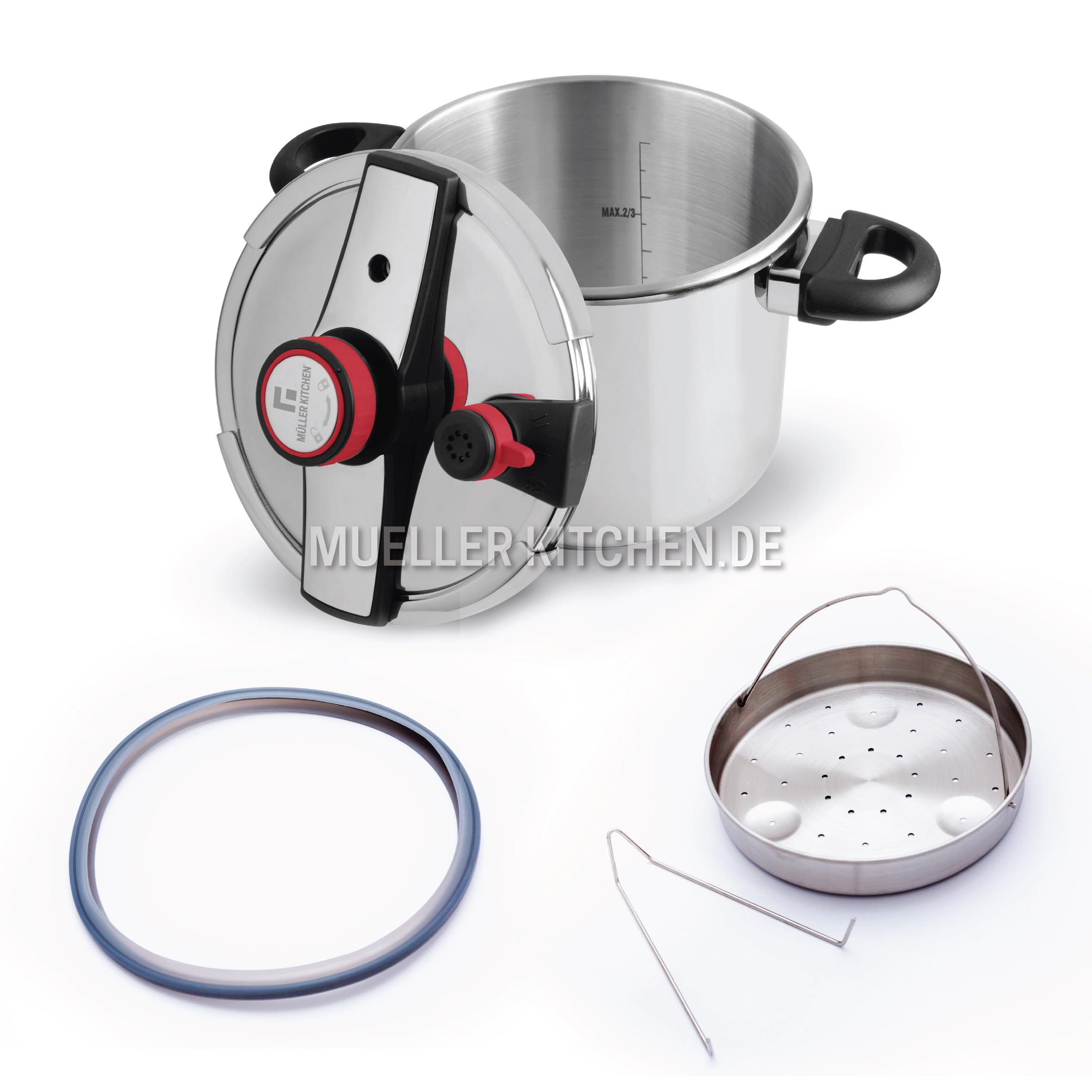 Muller Kitchen Olla a Presión rápida (INOX, Base de inducción, Dos configuraciones de presión, válvula de liberación rápida de presión, fácil apertura) (6L)