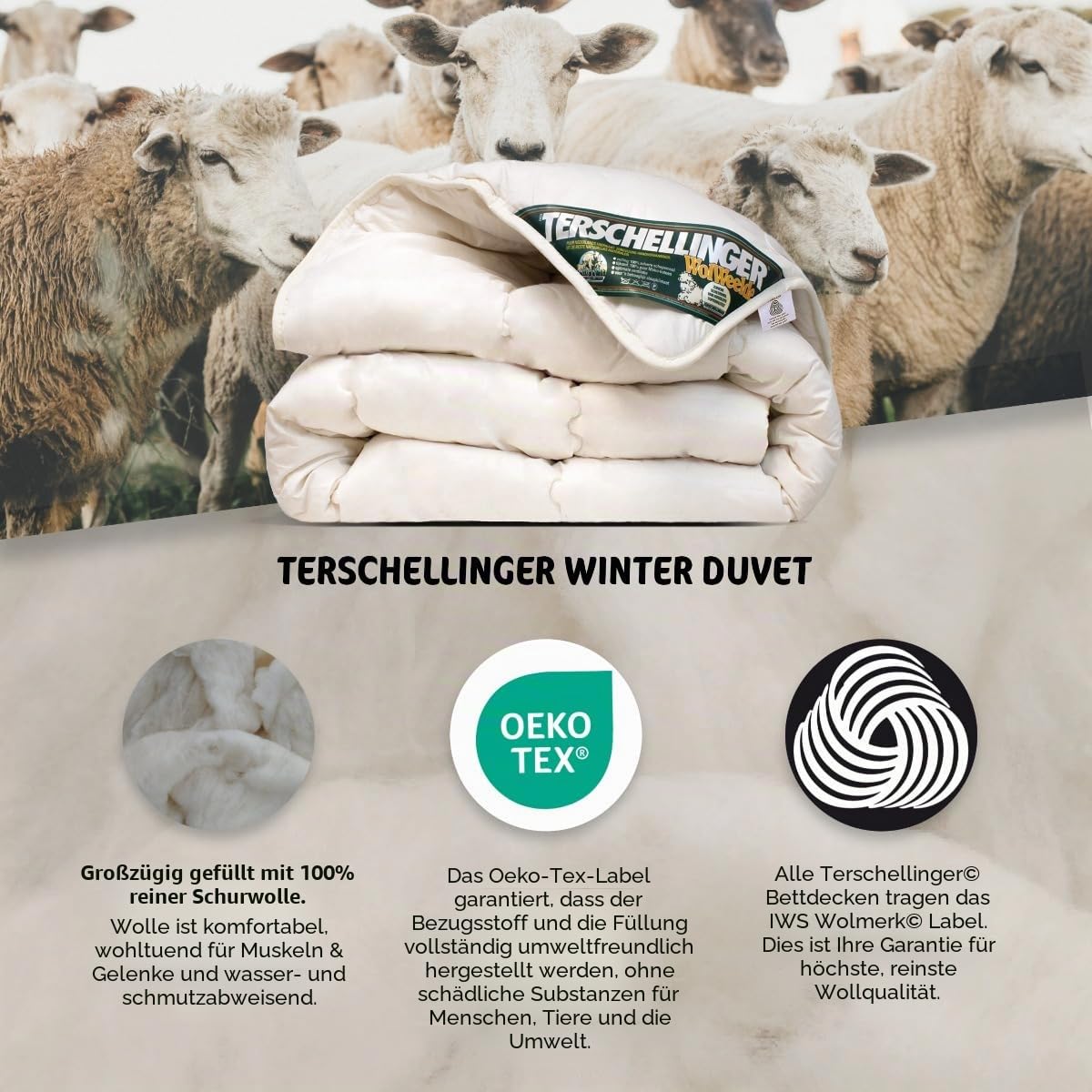 Terschellinger Winterdecke - Bettdecke aus 100% IWS-Schurwolle - Hochwertiges Winter Wolle Bettdecke - Woolmark Zertifiziert - 200 x 220 cm
