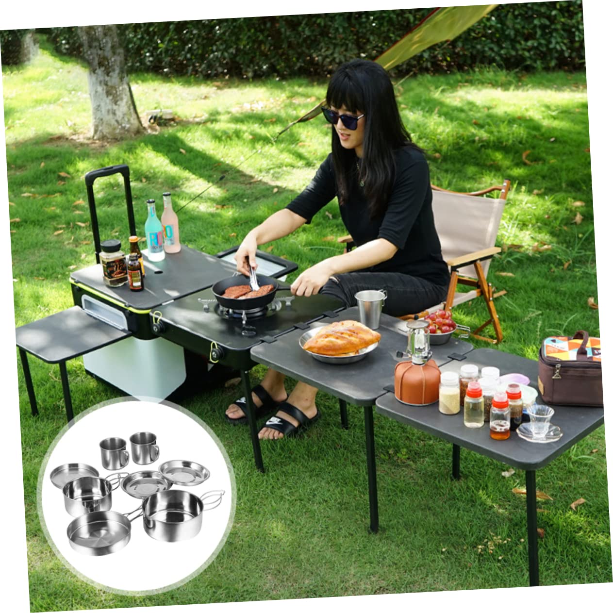 LAPYAPPE 1Set Camping Cookware Cooking Utensils for Outdoor Activities Includes Picnic Pan and Pot Durable and Portable Tableware for Hiking Tailgating and Rv