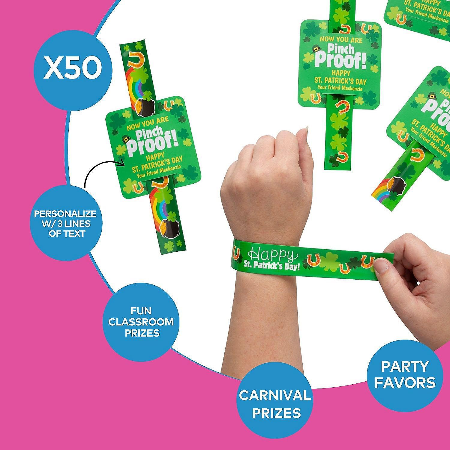 Fun Express Personalized St. Patrick’s Day Slap Bracelets with Card, Bulk 50 Pieces