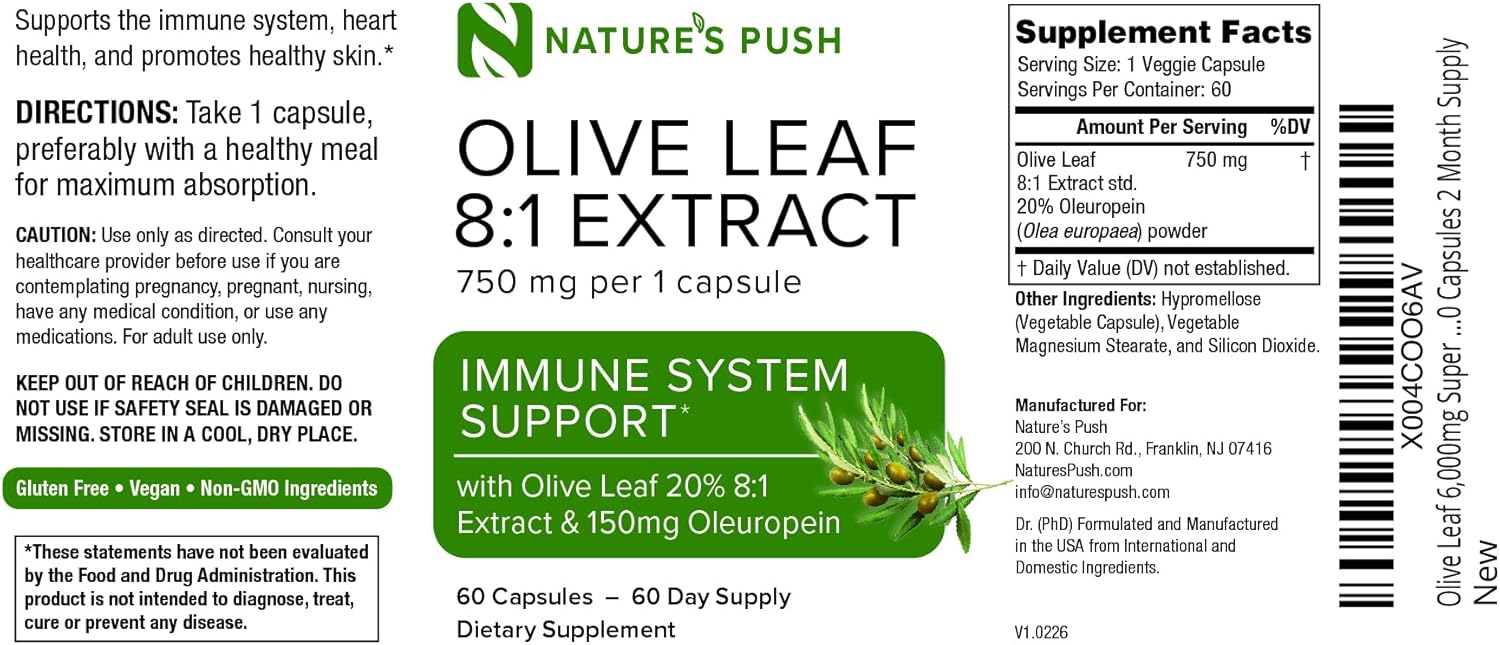 Nature's Push Super Potent Olive Leaf 8:1 Extract 20% Oleuropein 750mg Capsule Immune System, Skin, and Heart Health Support Vegan Non-GMO USA cGMP Gluten Free Antioxidants 60 Capsules 2 Month Supply - Image 8