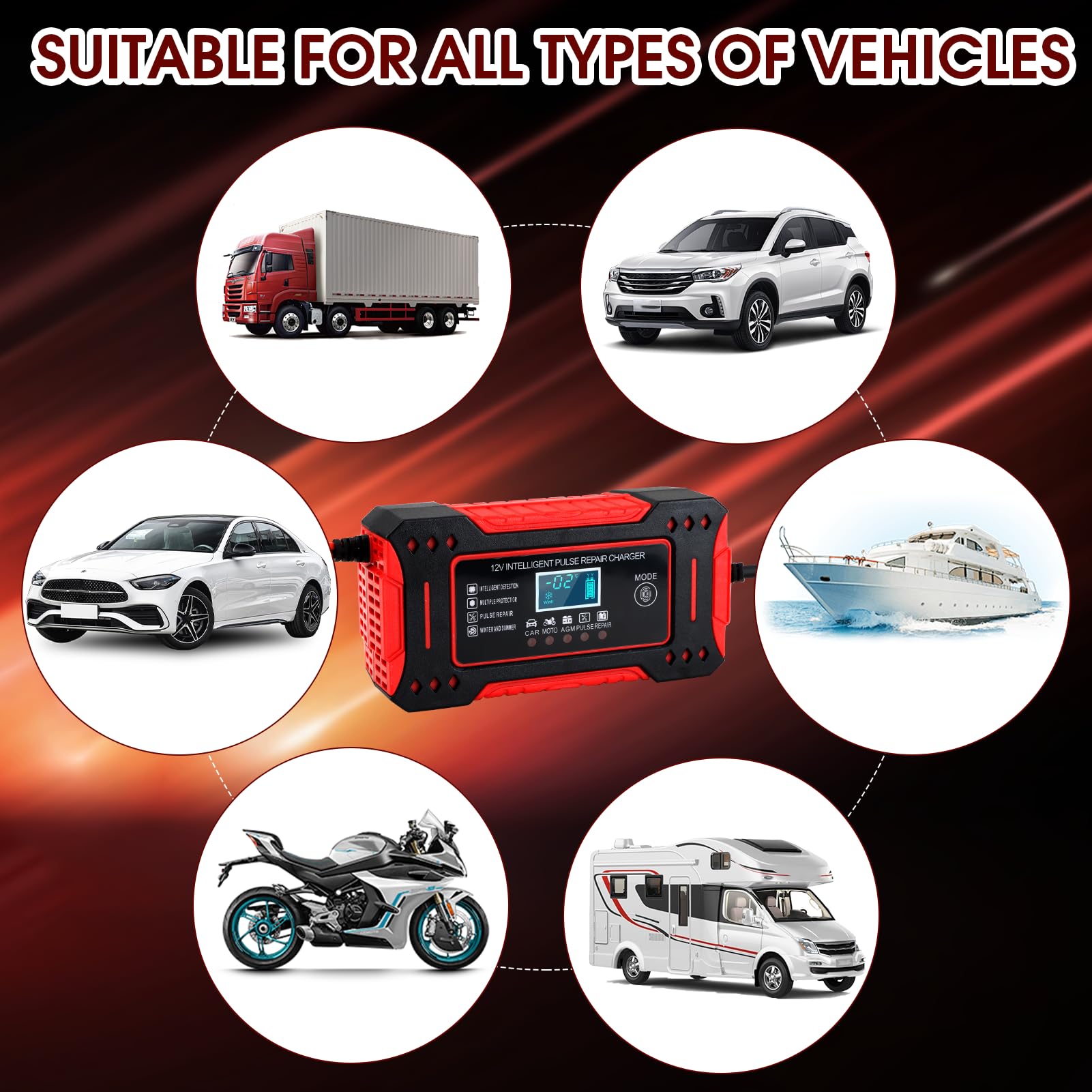 Chargeur Batterie Voiture 12V/6A Intelligent, Chargeur de Batterie Automatique avec Affichage Numérique pour Auto Moto Bateau Tondeuse à Gazon et Camion, Ajuste Tension Selon Température