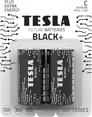 Tesla Baterías C Black+ (LR14 Blister FOIL 2 piezas) Baterías alcalinas de máxima potencia, 10 años de vida útil, una batería de larga duración,