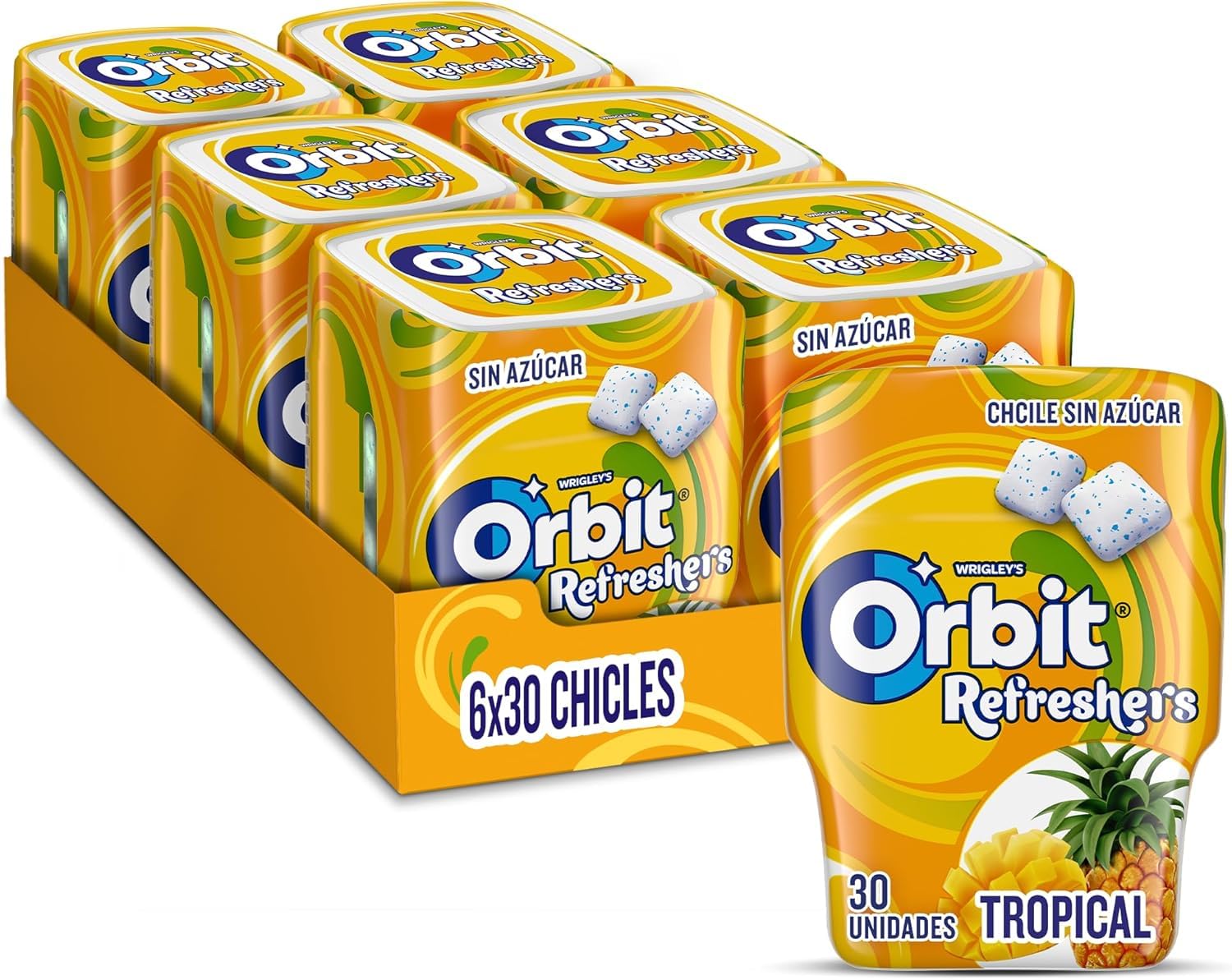 Orbit Bote de Chicles Sin Azúcar Sabor Tropical, Afrutado, Intenso y de Larga Duración (6 x 30 chicles)