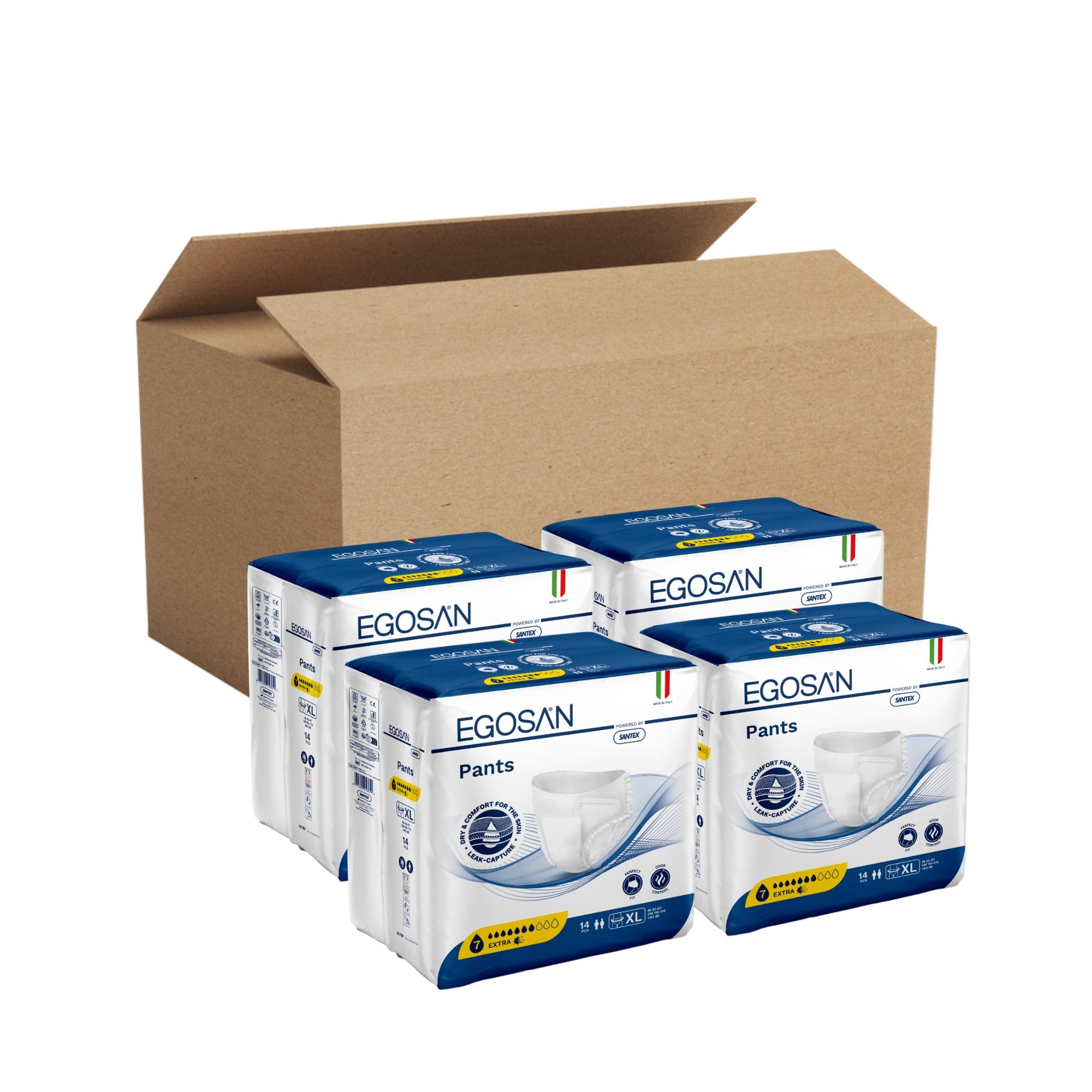 Egosan Windelhose Extra Vorratspackung 4 Packungen à 14 Stück, Dehnbare, Saugfähige Nachthose für Mittelschwere Inkontinenz, Voller Schutz, Anti-Geruchs-System, Hypoallergen, Unisex, Größe XL