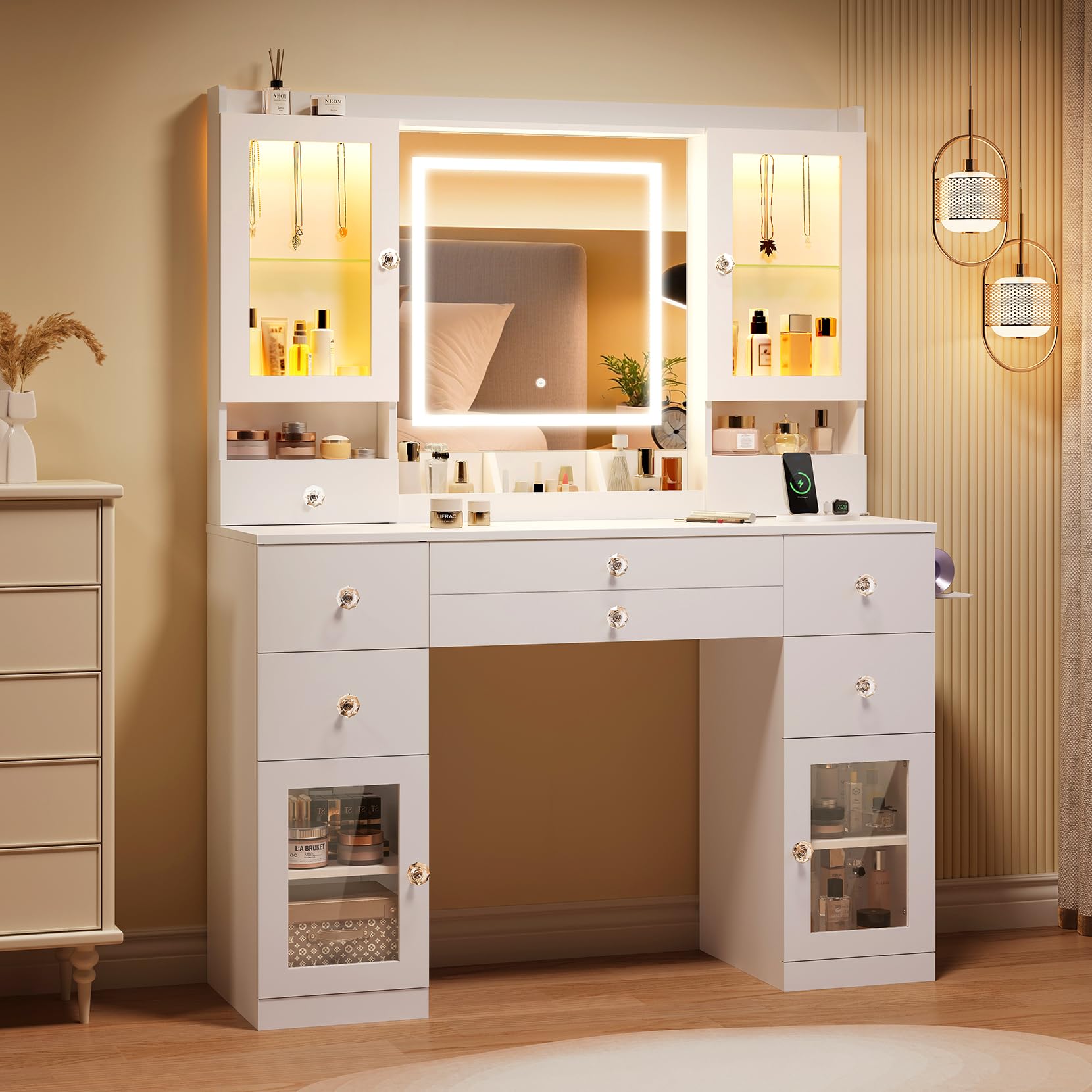 Dripex großer Schminktisch mit Beleuchtung und Steckdosen, Schminktisch mit Spiegel und 2 luxuriösen transparenten Vitrinen mit RGB, Vanity Desk Dressing Table fürs Schlafzimmer, weiß