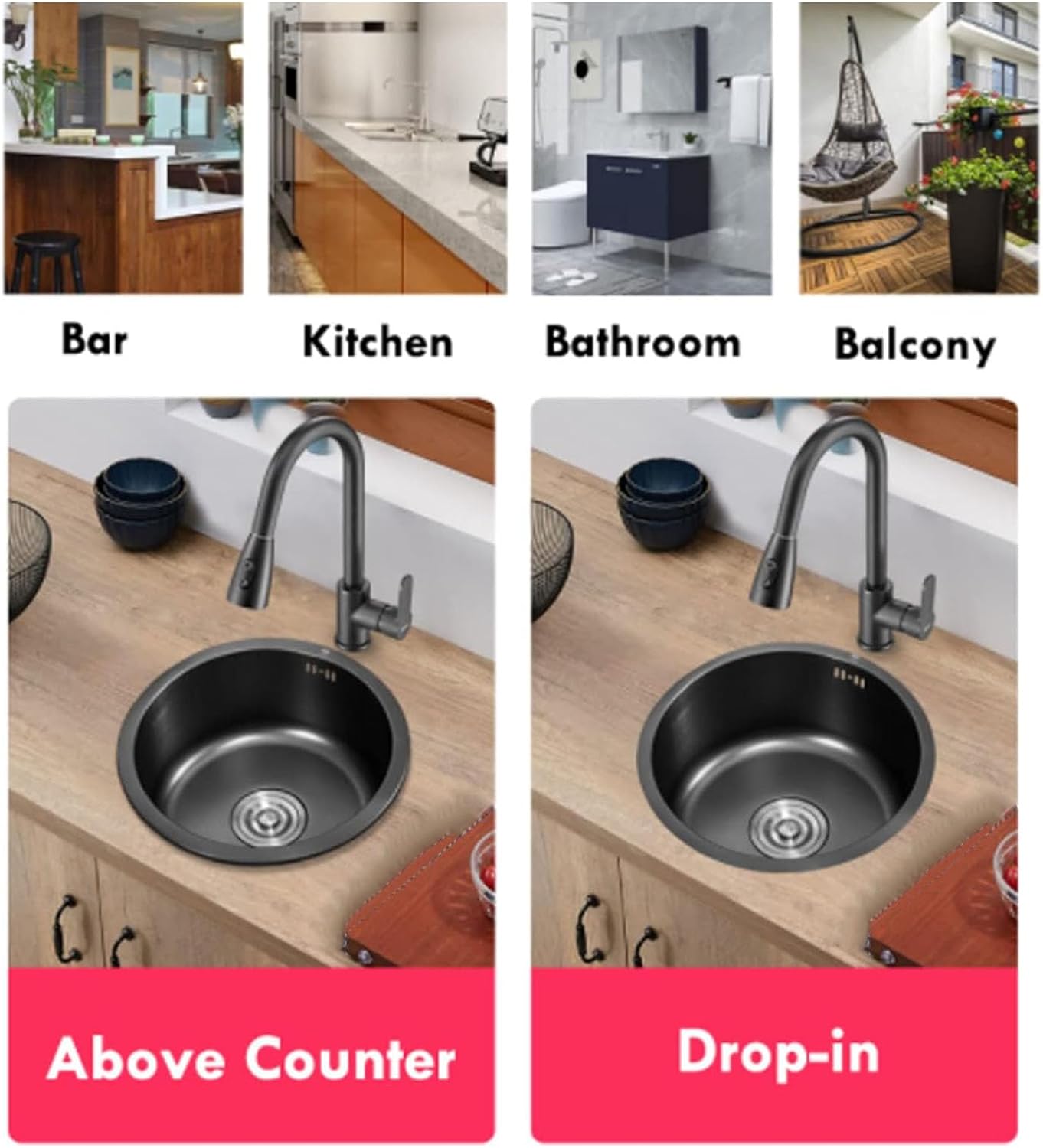 Bewinner Black Stainless Steel Undermount Single Bowl Kitchen Sink, 15.7x14x7.1 inches, Basket Strainer